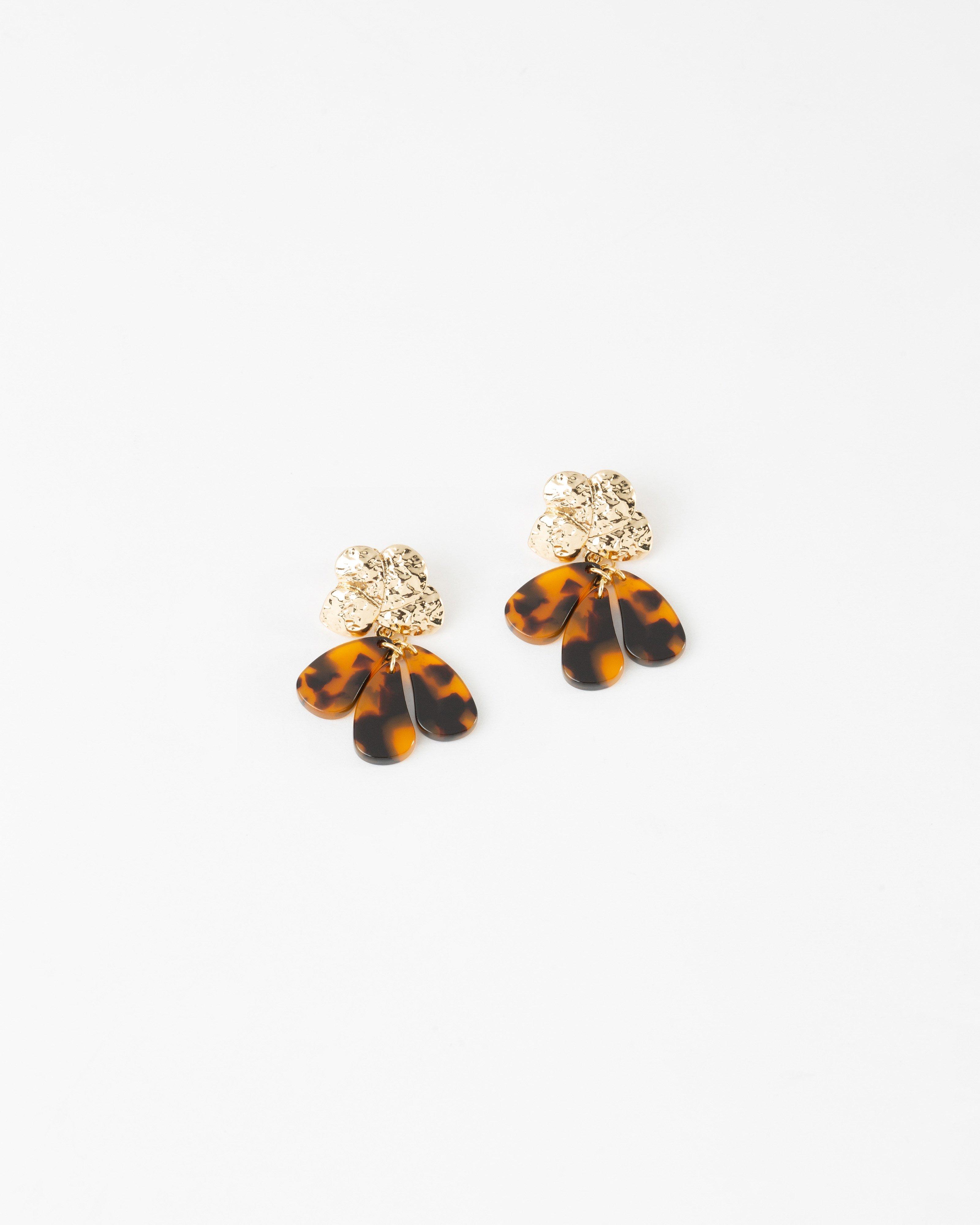 Resin Tortoiseshell & Beaten Drop Statement Earrings -  Brown