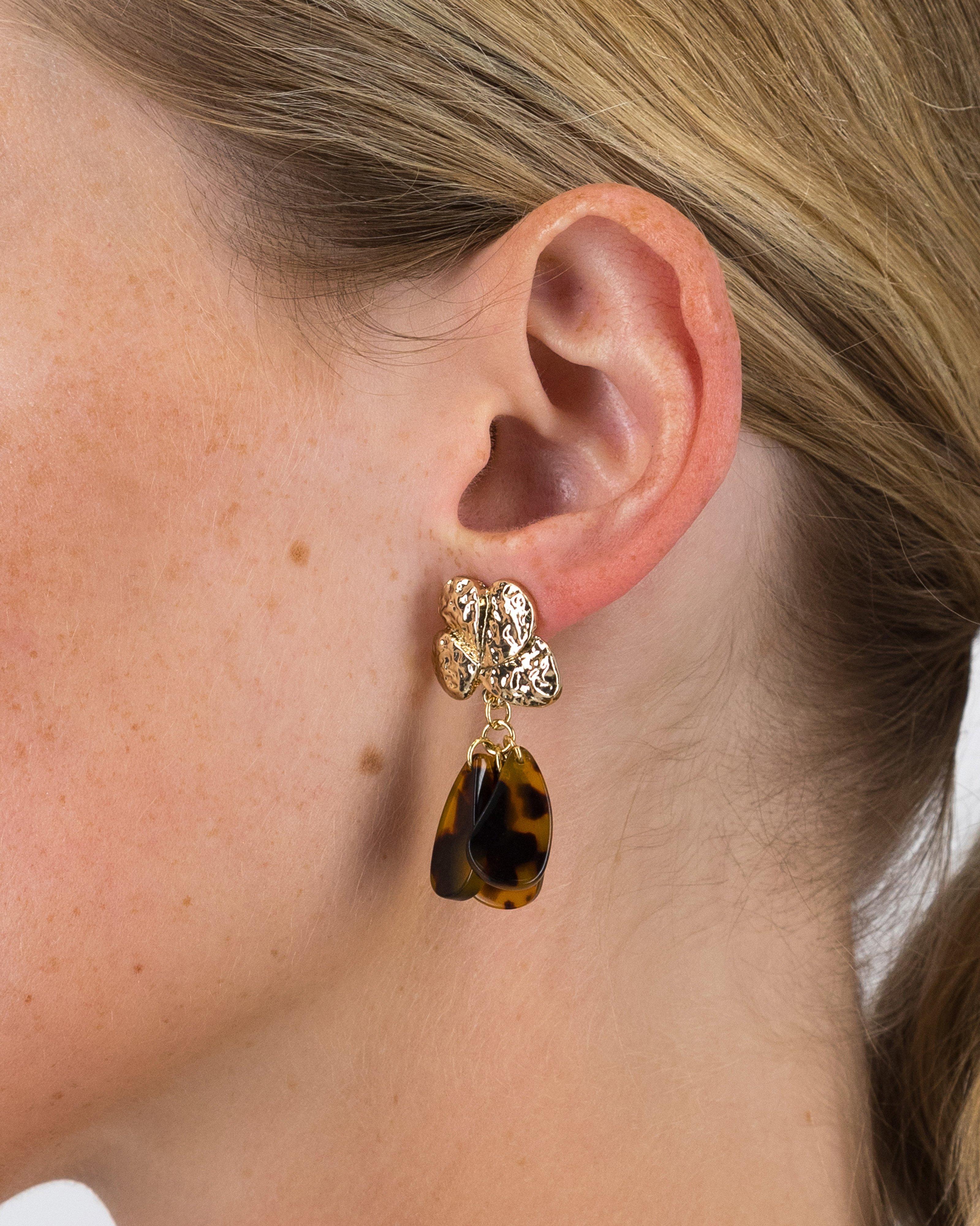 Resin Tortoiseshell & Beaten Drop Statement Earrings -  Brown