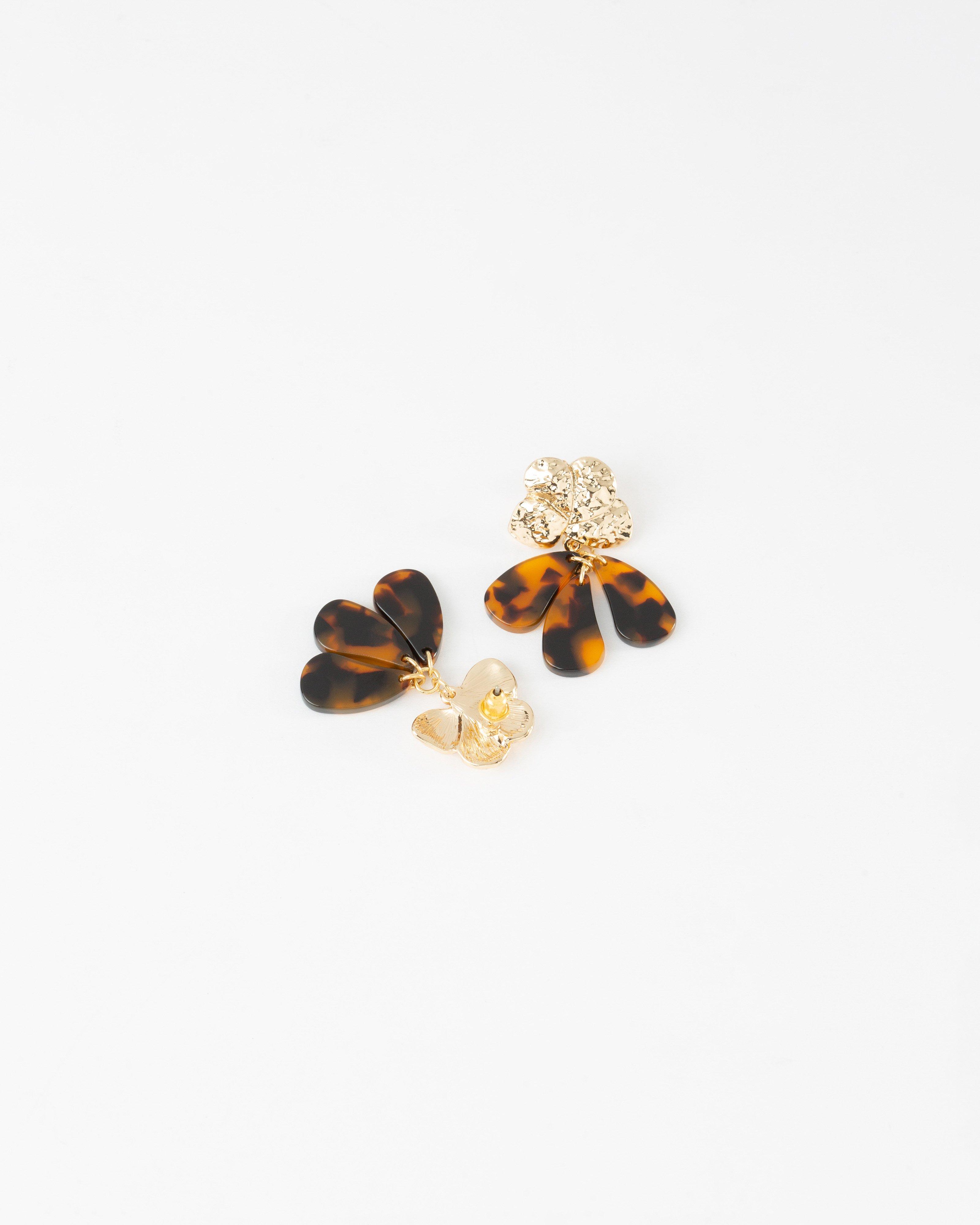 Resin Tortoiseshell & Beaten Drop Statement Earrings -  Brown