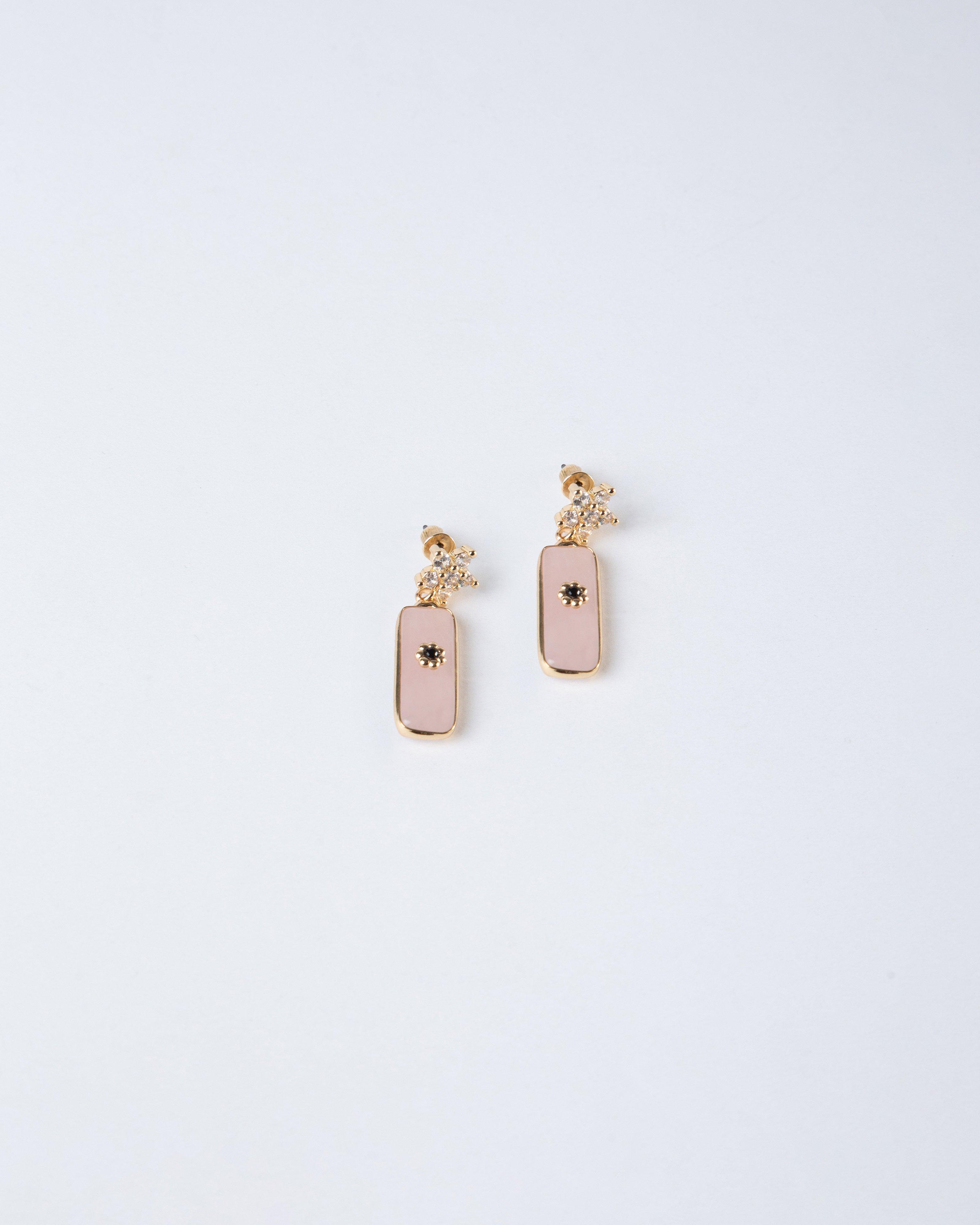 Rectangular Resin with Stone Drop Earrings -  Light Pink