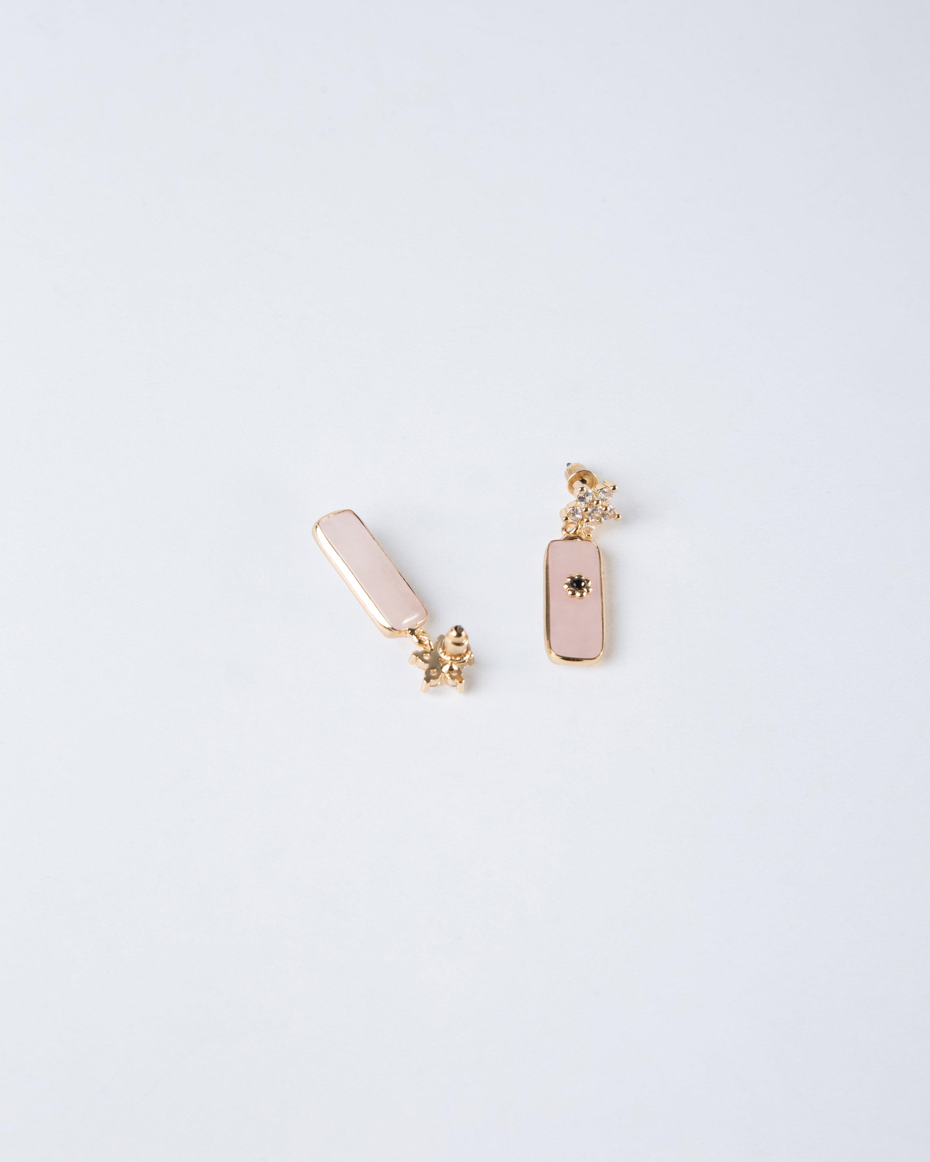 Rectangular Resin with Stone Drop Earrings -  Light Pink