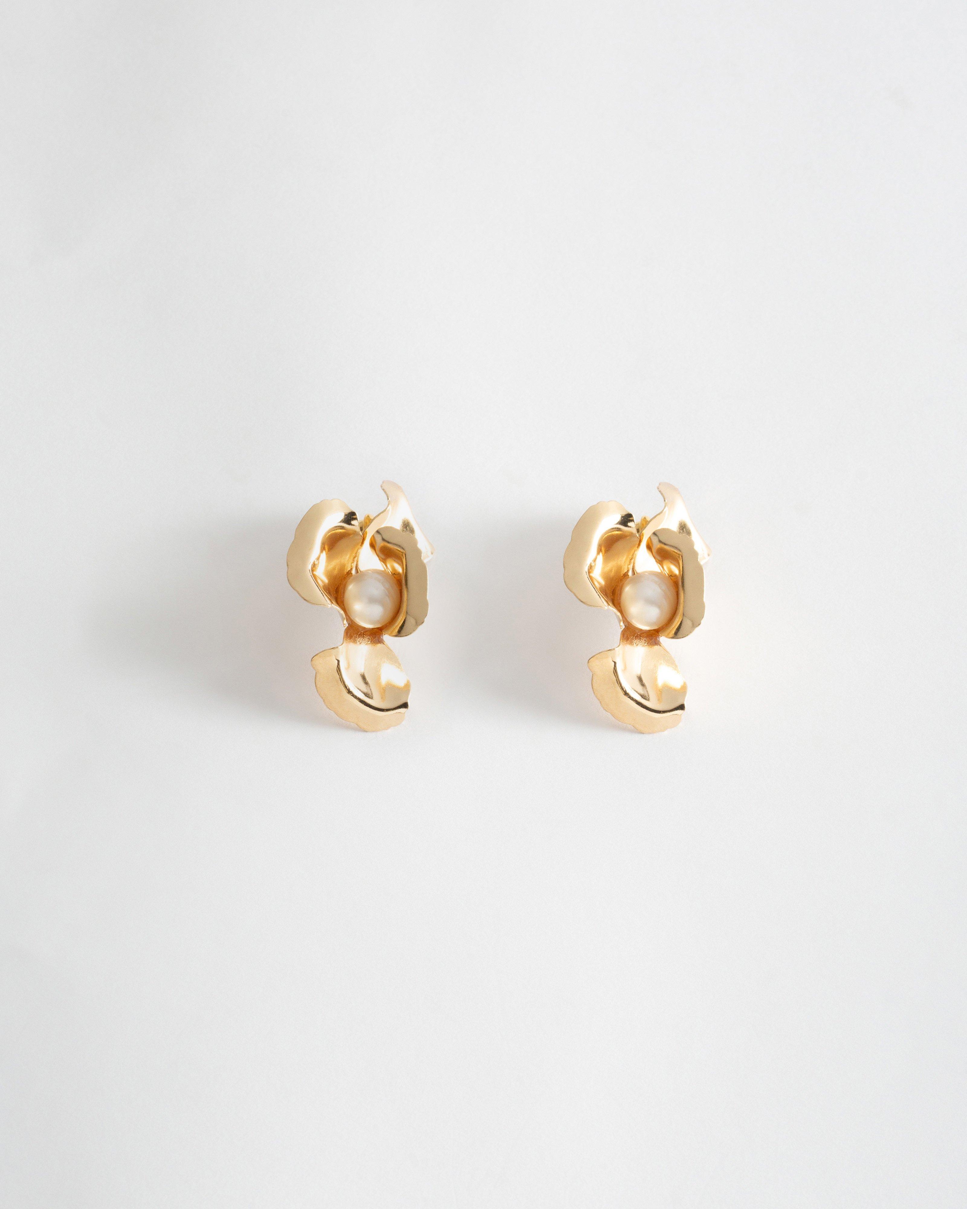 Chunky Freshwater Pearl Flower Earrings -  Gold