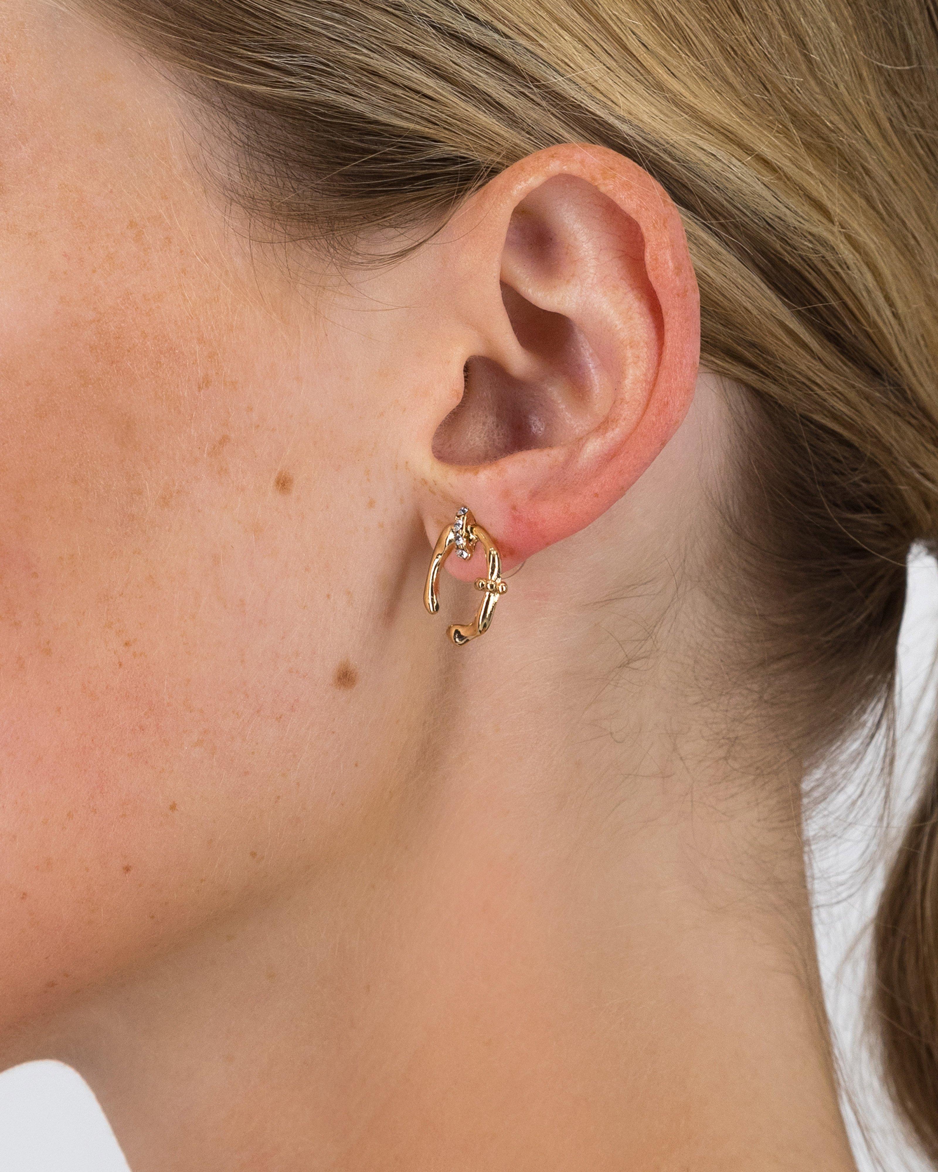 C-Shape Stone Stud Earrings -  Gold