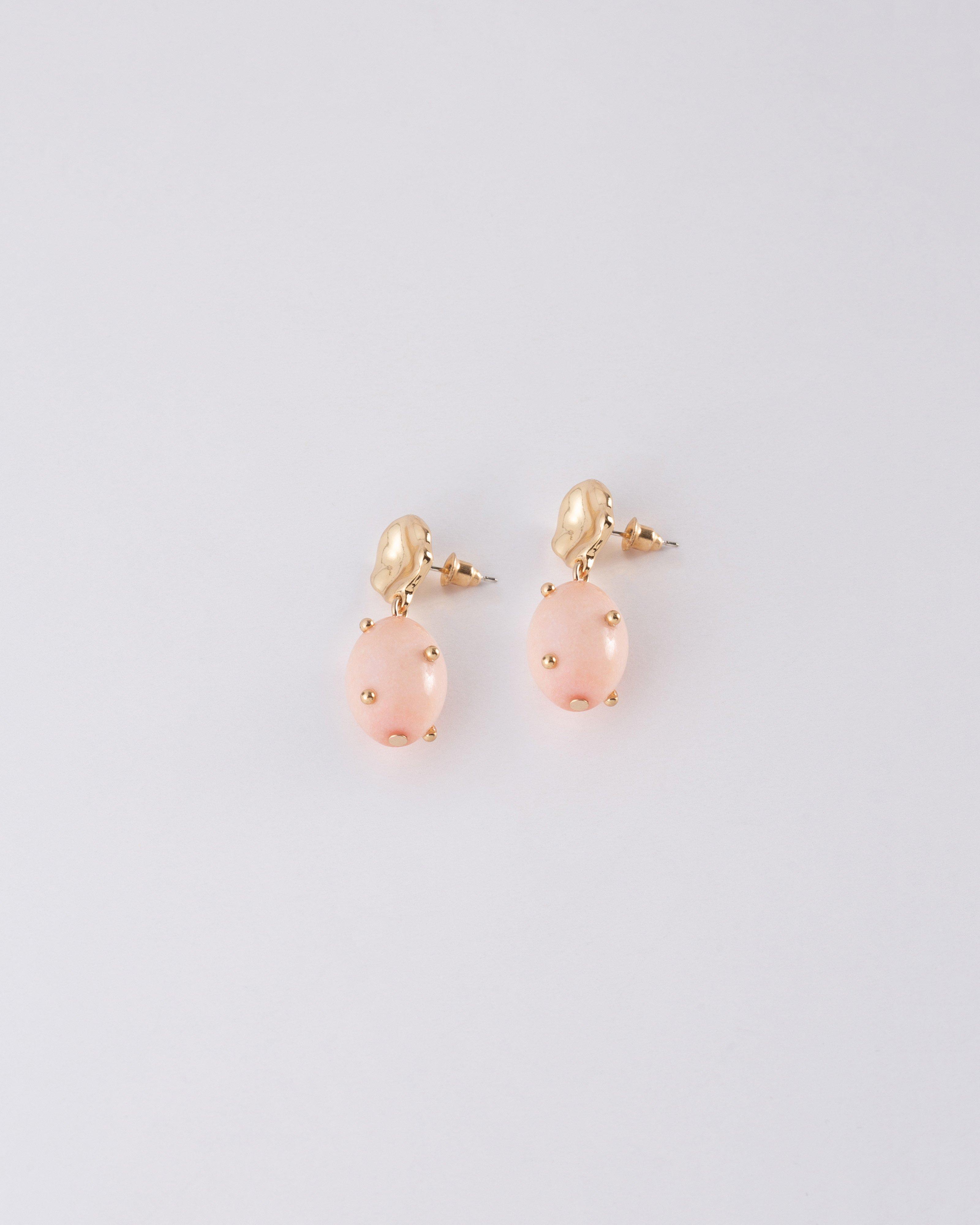 Oval Stone Studded Drop Earrings -  Light Pink