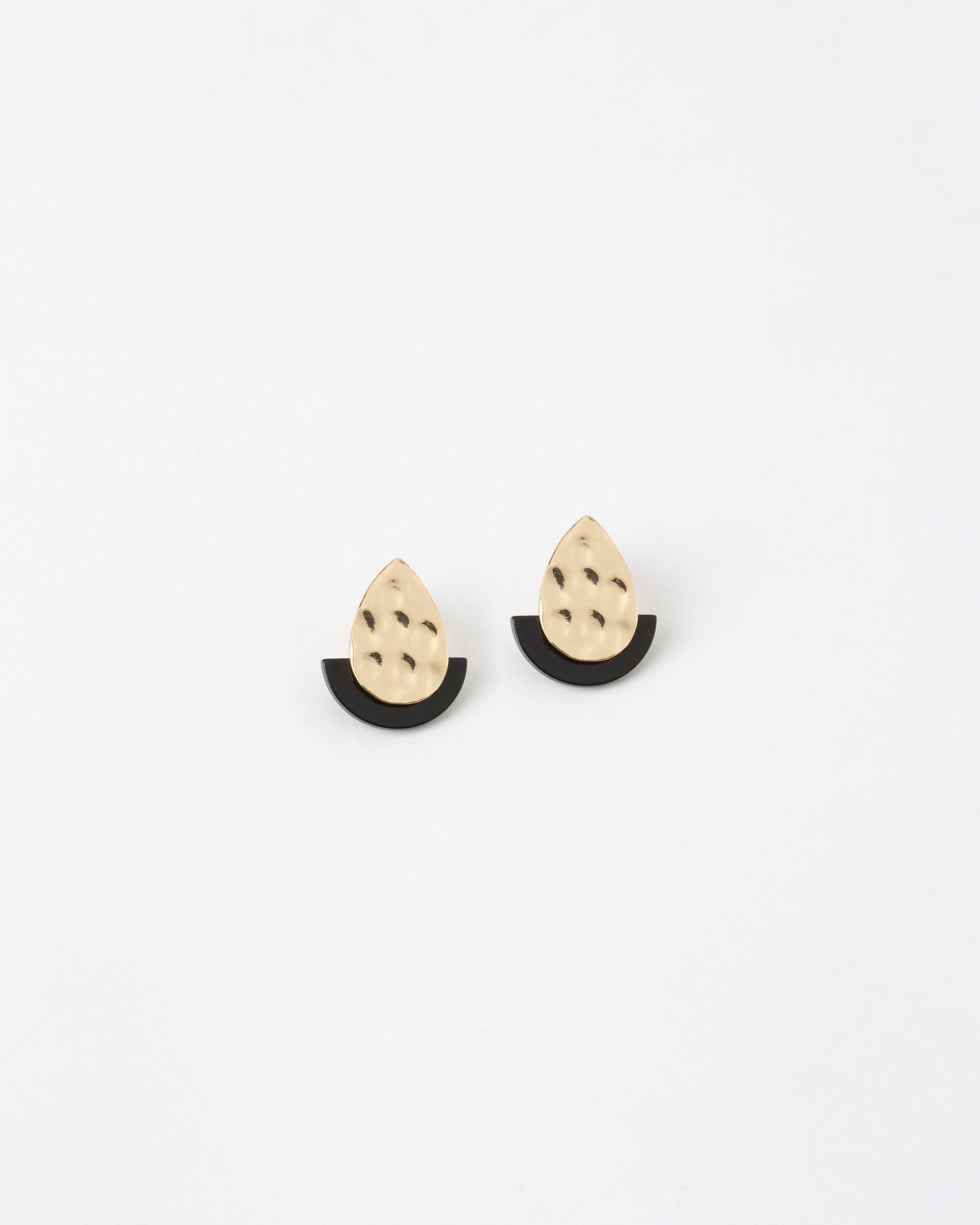 Indented Oval and Resin Fan Stud Earrings -  Black