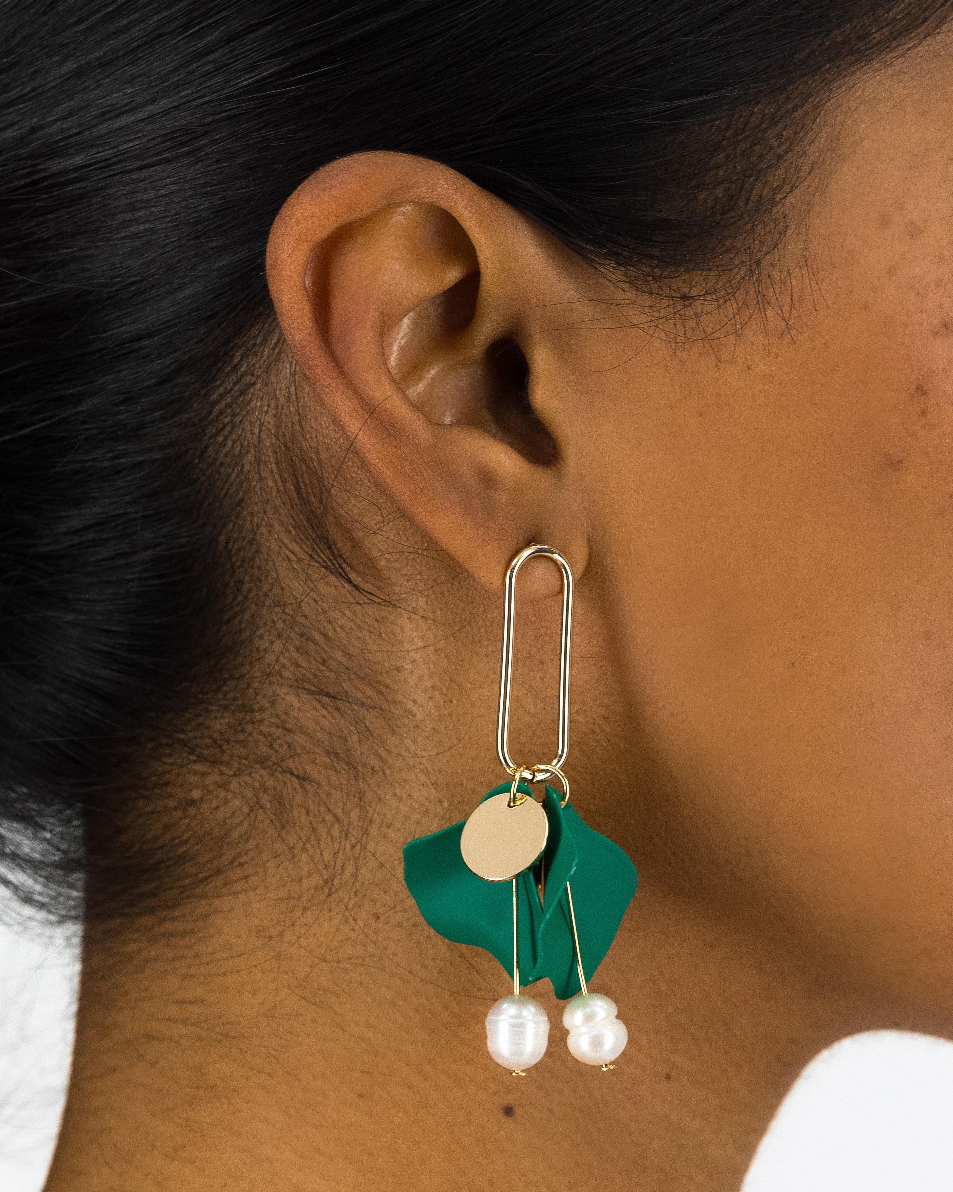 Epoxy Petal with Freshwater Pearl Drop Earrings -  Green
