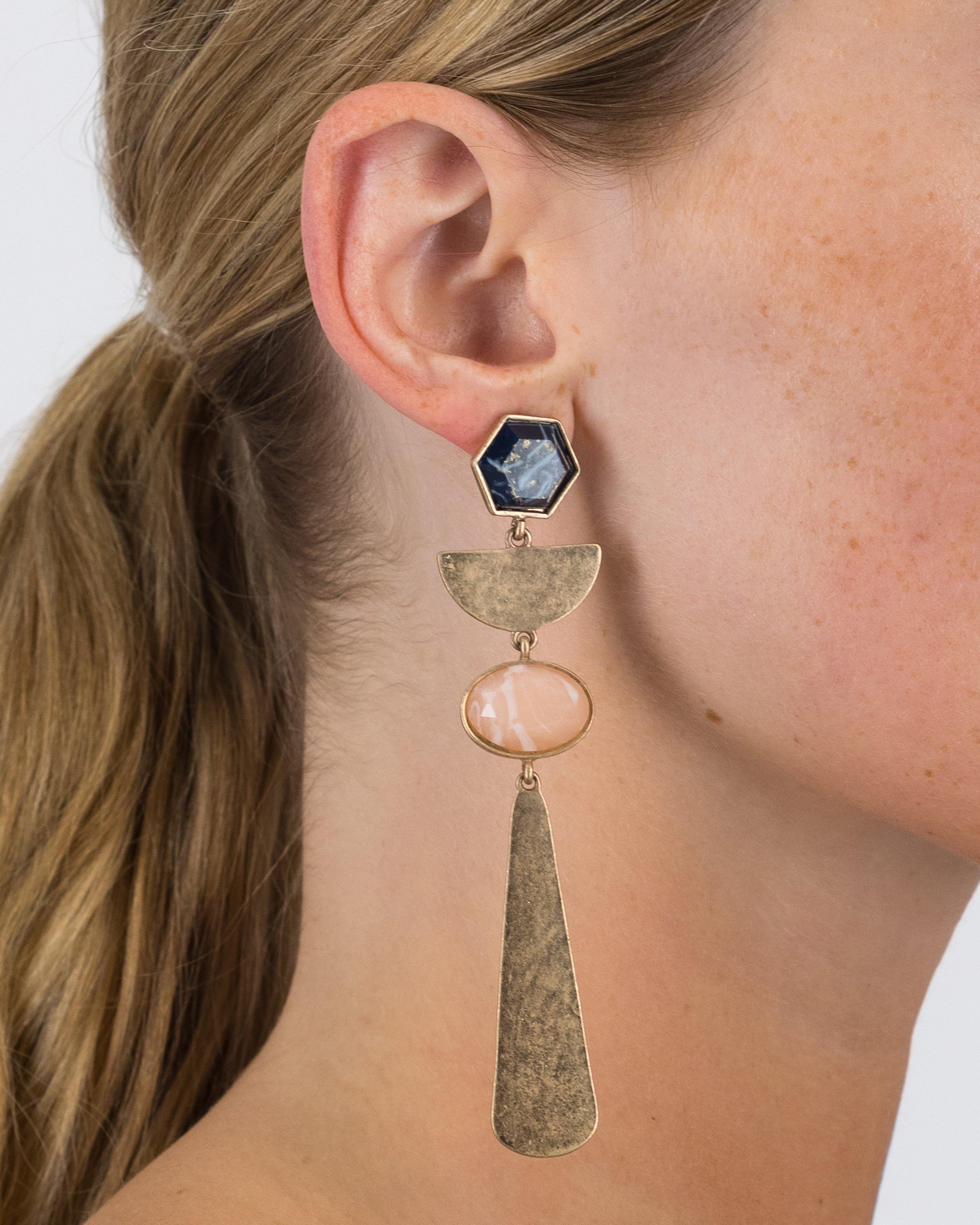 Brushed Teardrop with Multi-Shape Stone Earrings -  Assorted