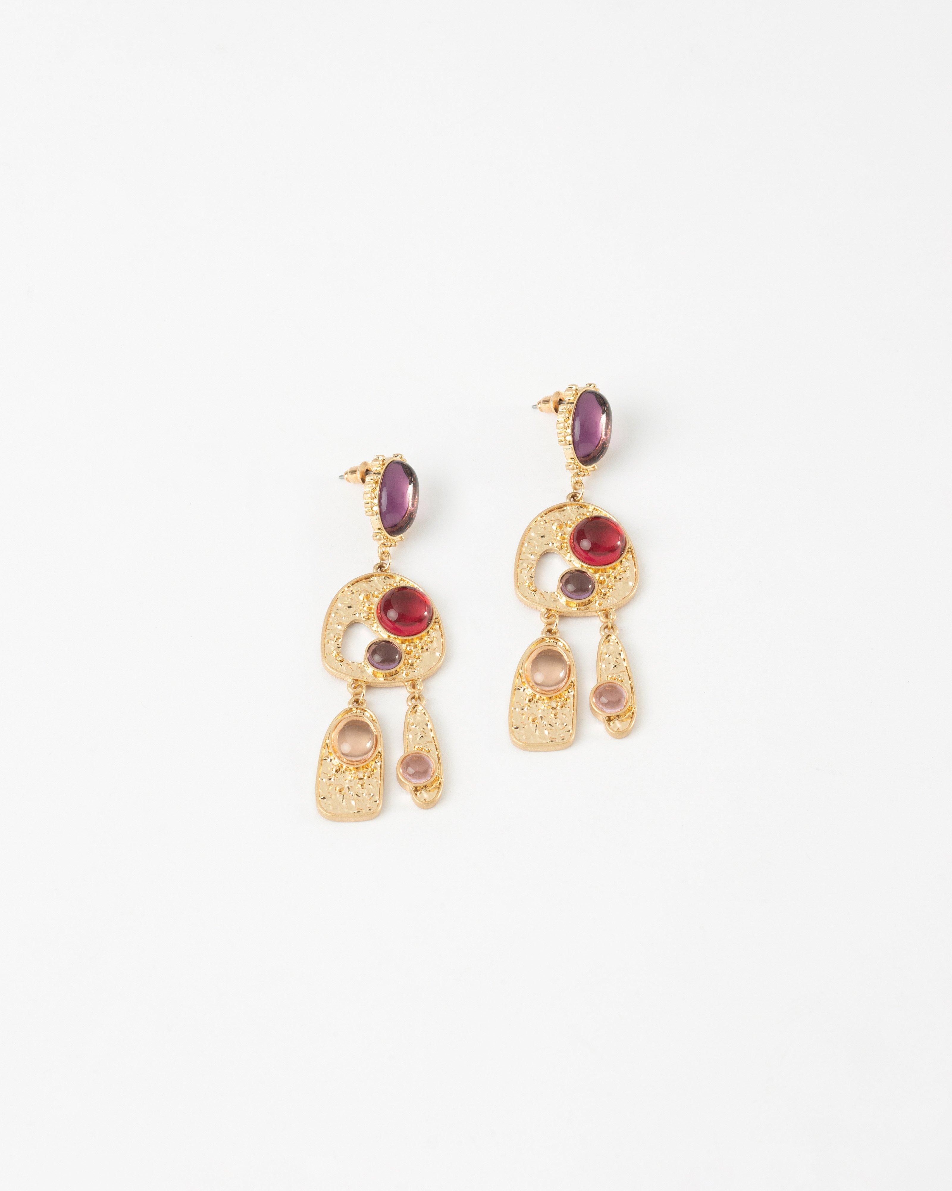 Ornate Asymmetrical Inlay Stone Drop Earrings -  Assorted