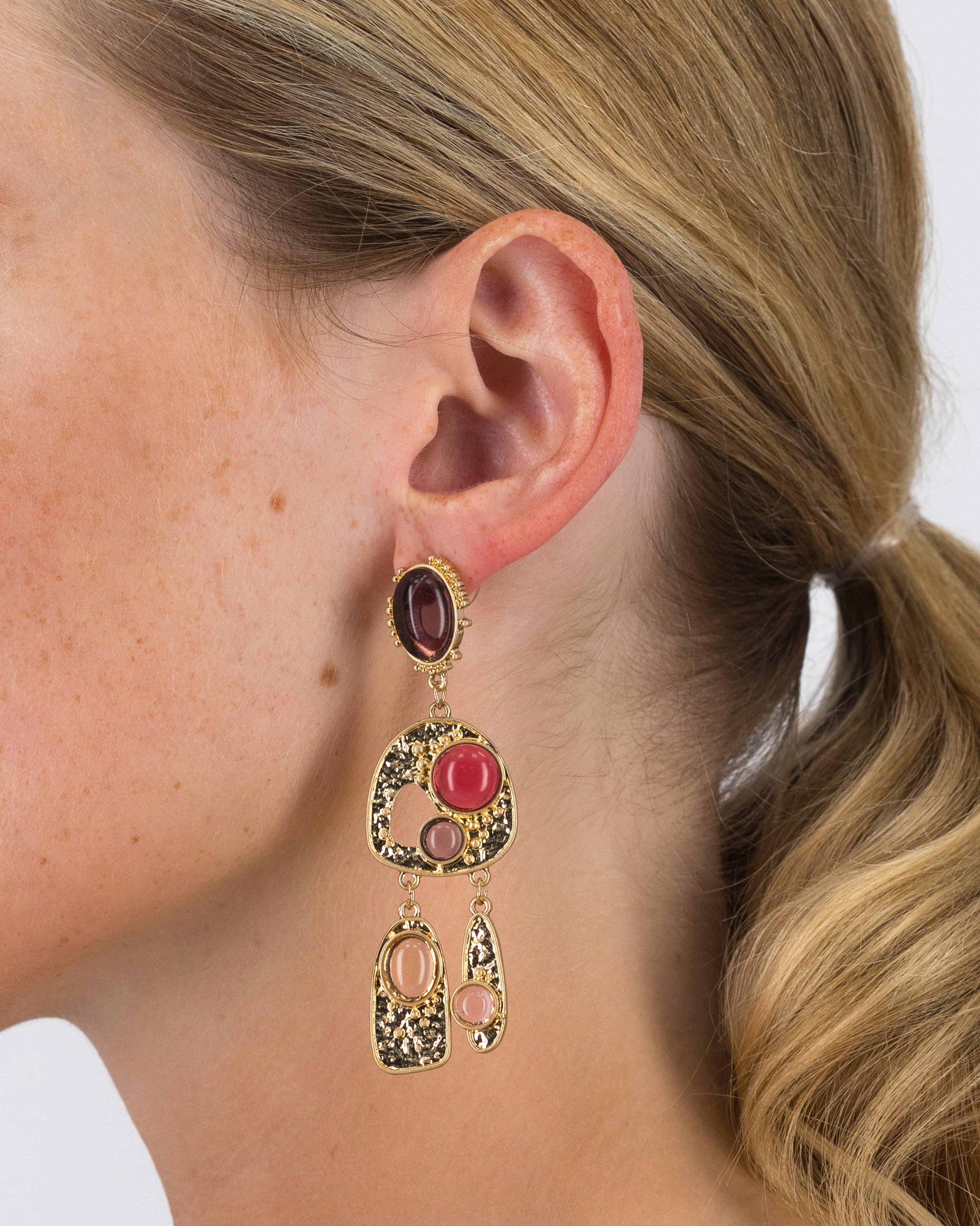Ornate Asymmetrical Inlay Stone Drop Earrings -  Assorted