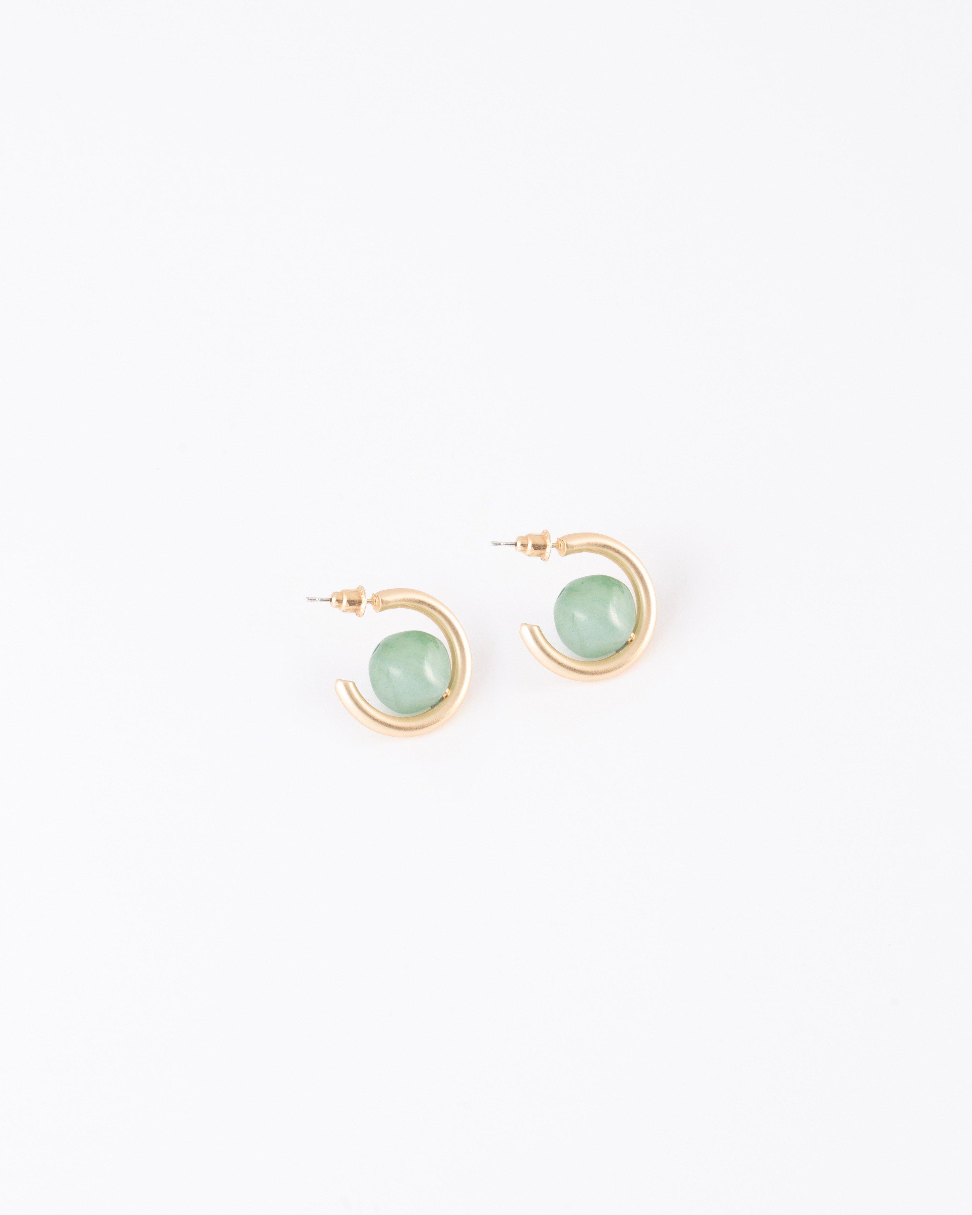 Circular Stone Hoop Earrings -  Green