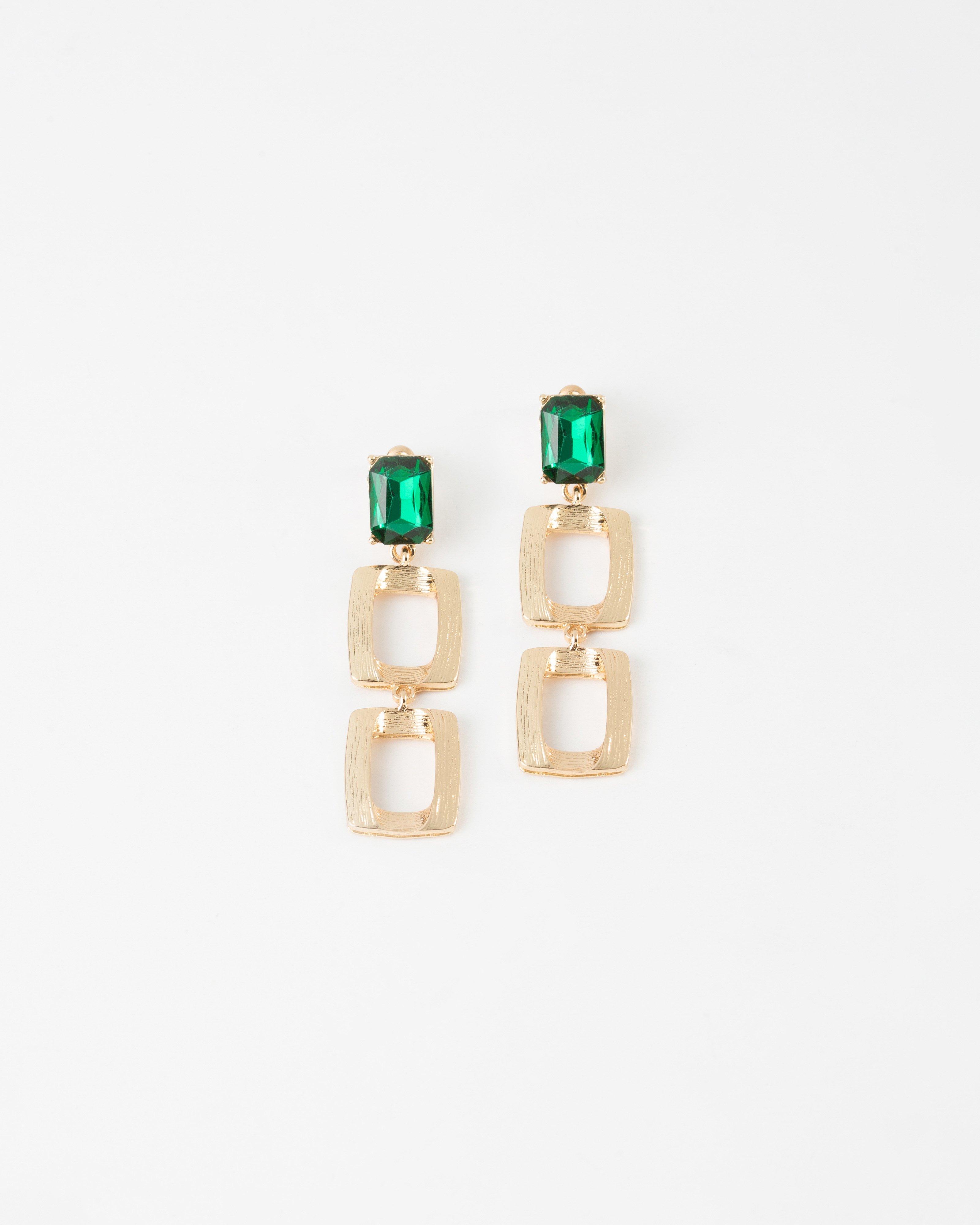 Square Brushed Drop with Stone Earrings -  Green