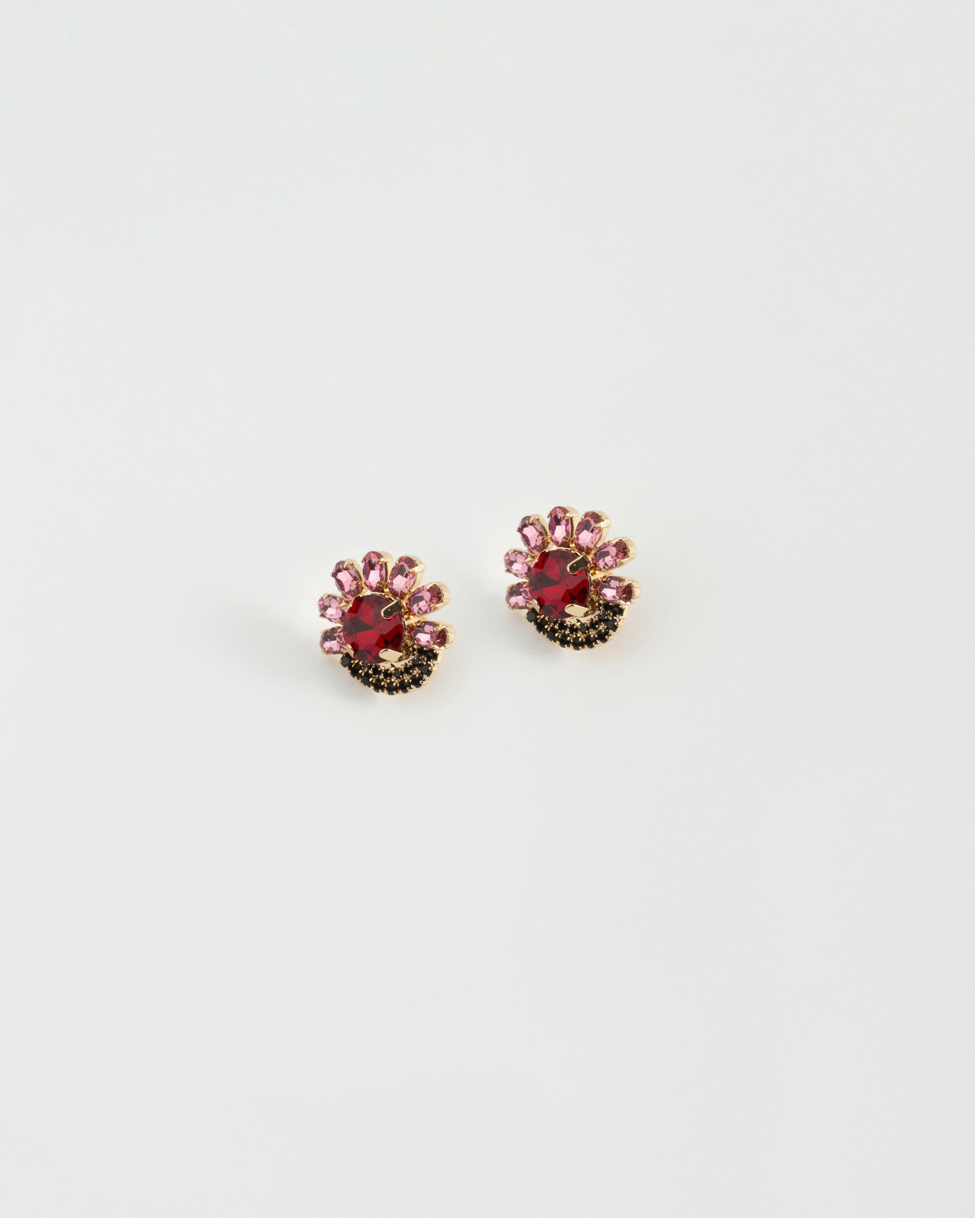 Stone Cluster Flower Stud Earrings -  Red