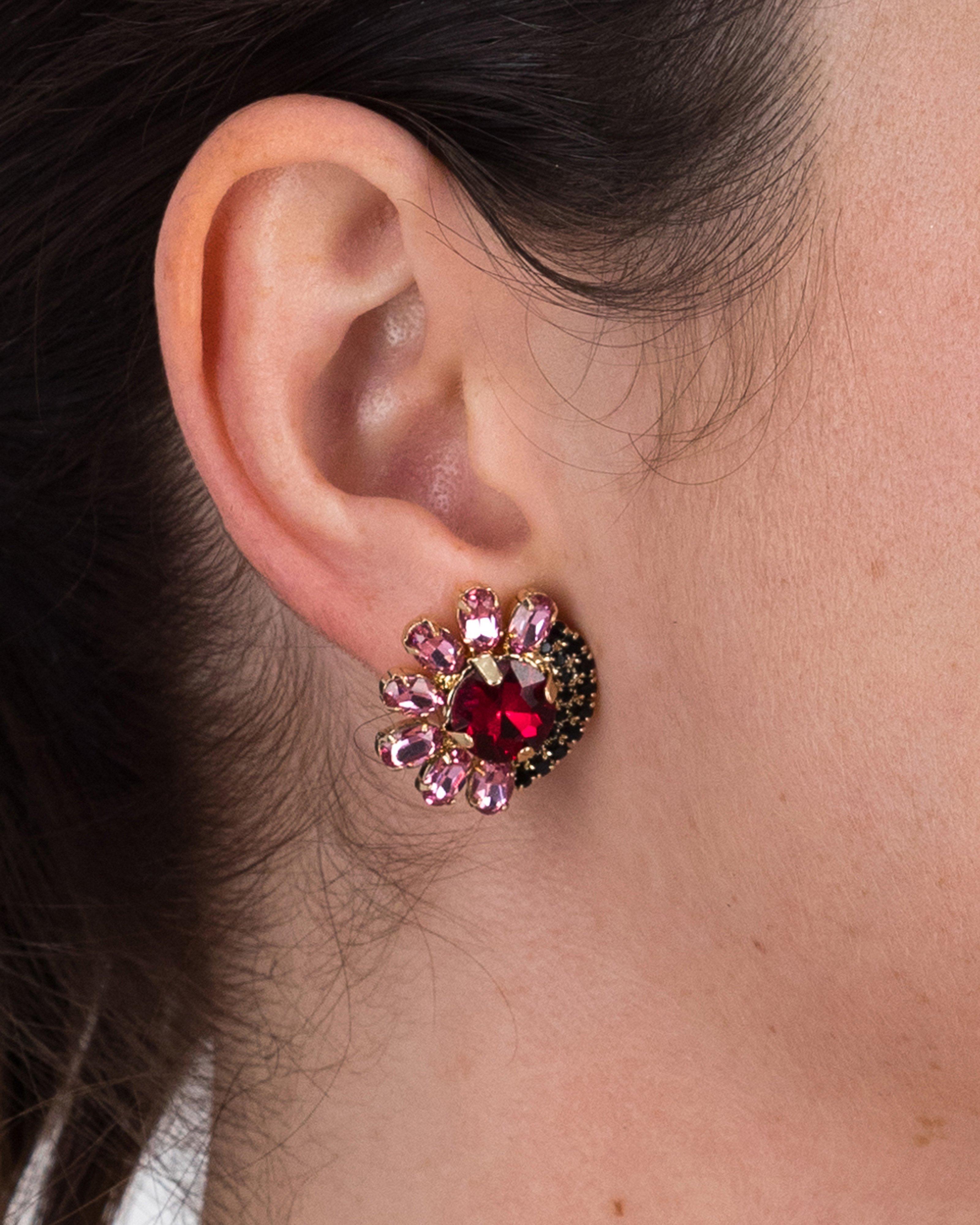 Stone Cluster Flower Stud Earrings -  Red