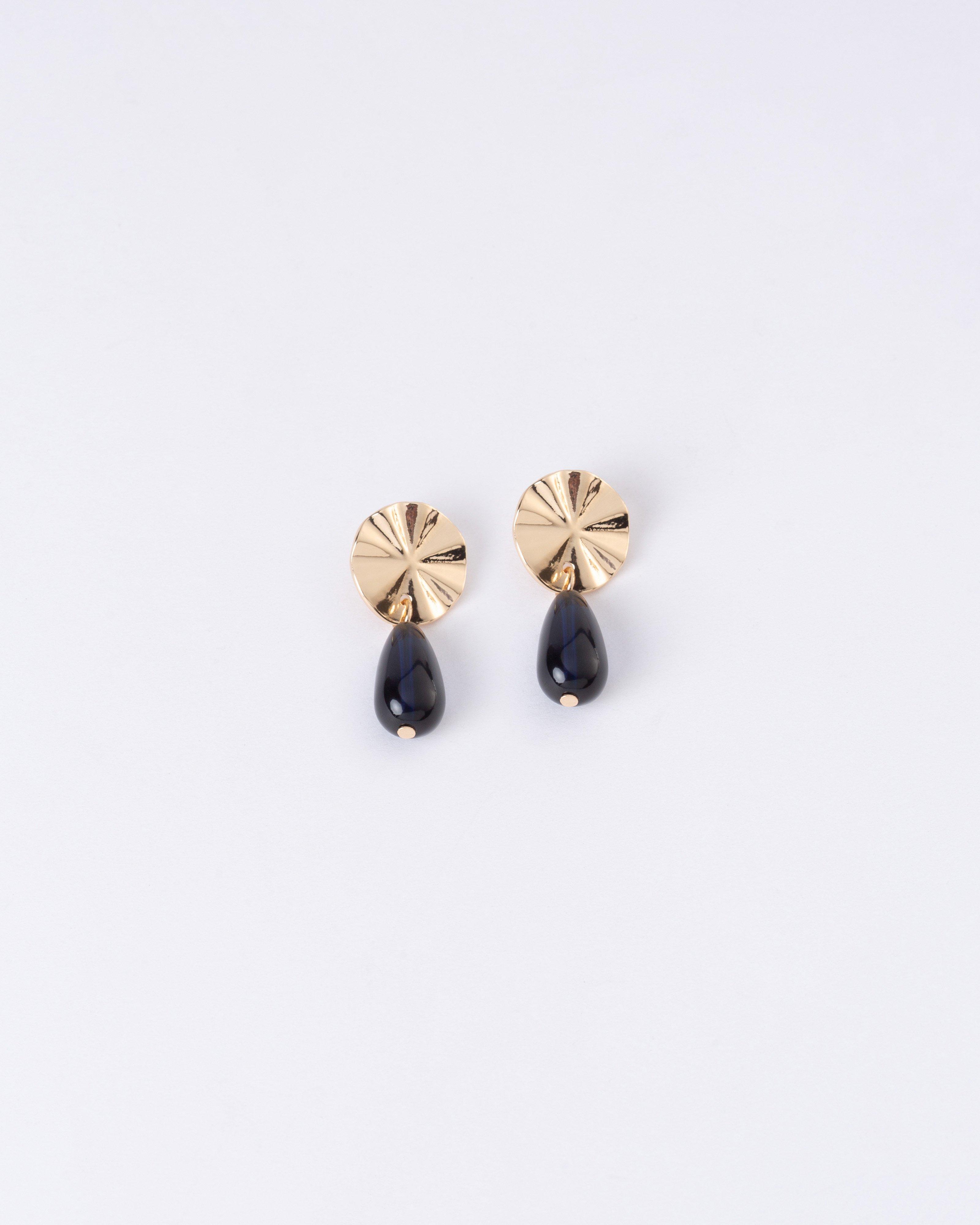Hammered Circular Disk & Stone Drop Earrings -  Navy