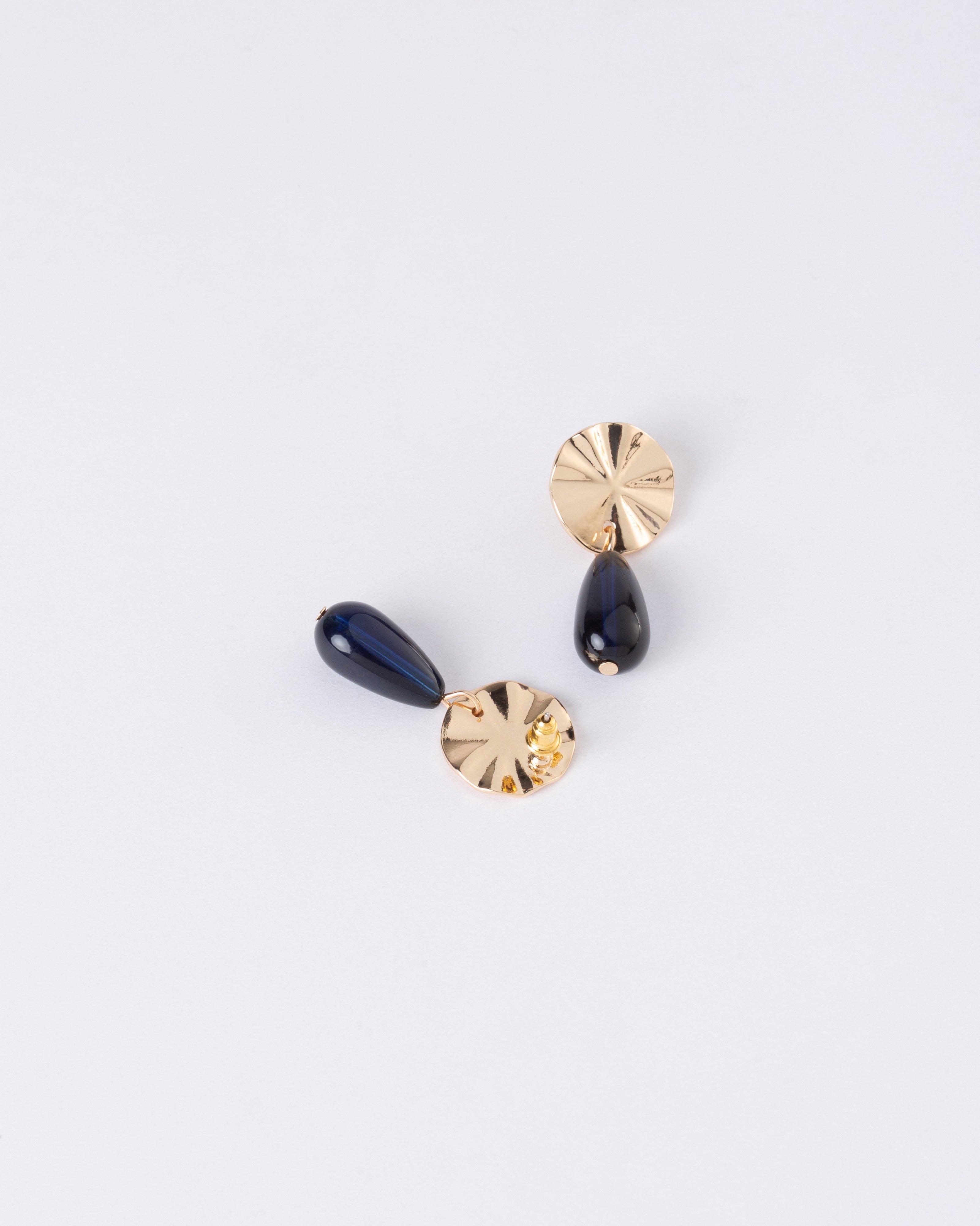 Hammered Circular Disk & Stone Drop Earrings -  Navy