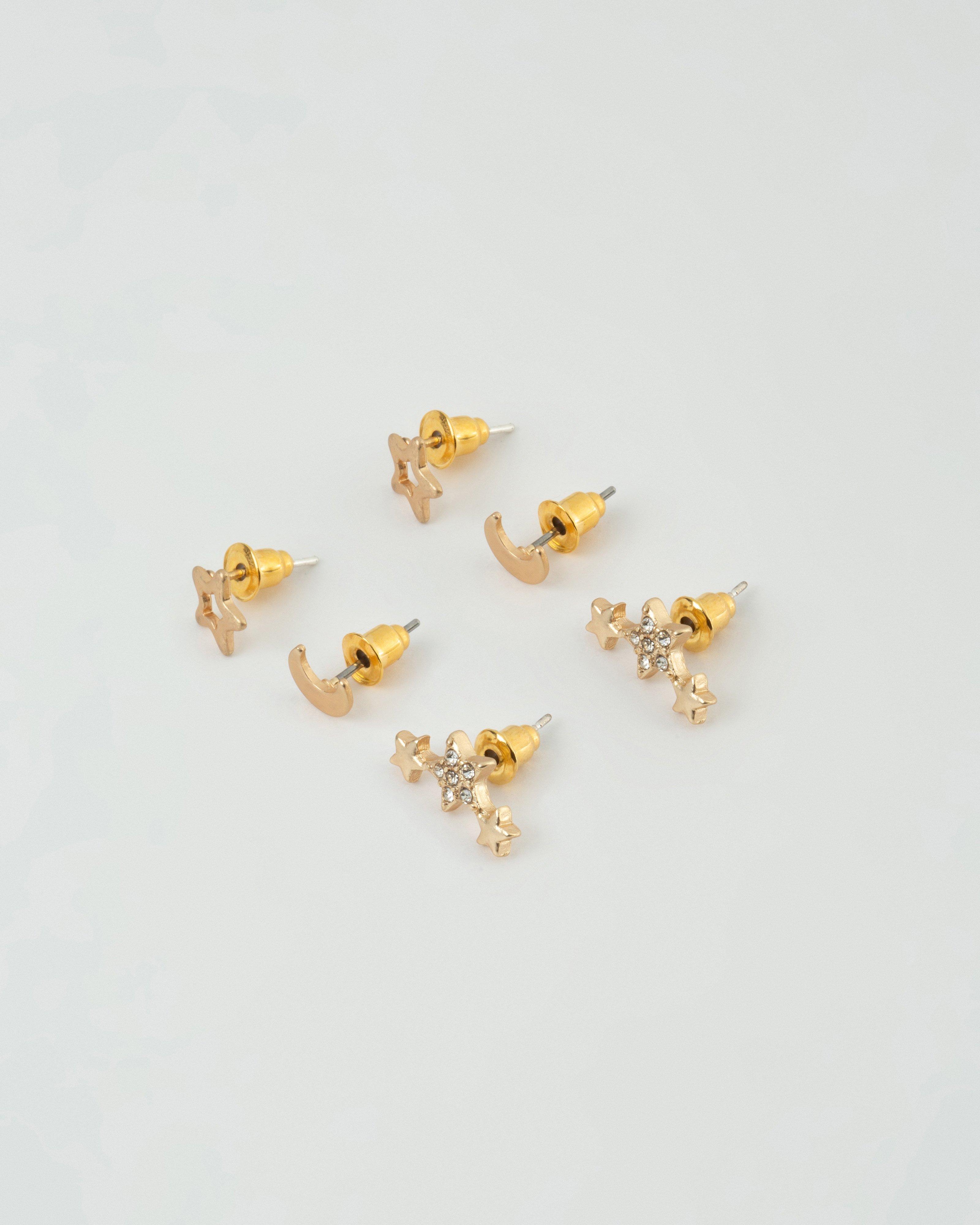 Moon and Star Stud Earrings Pack -  Gold