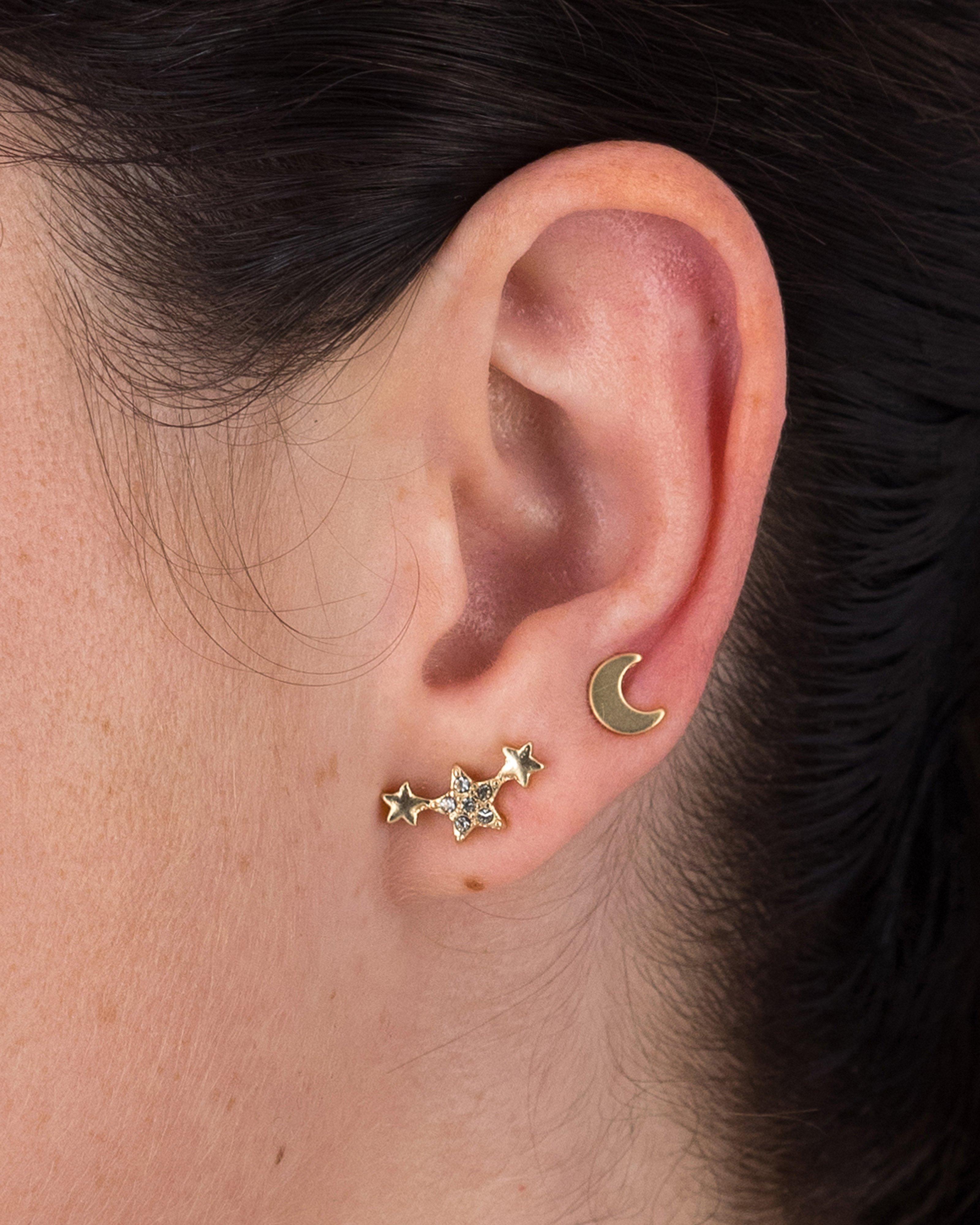 Moon and Star Stud Earrings Pack -  Gold