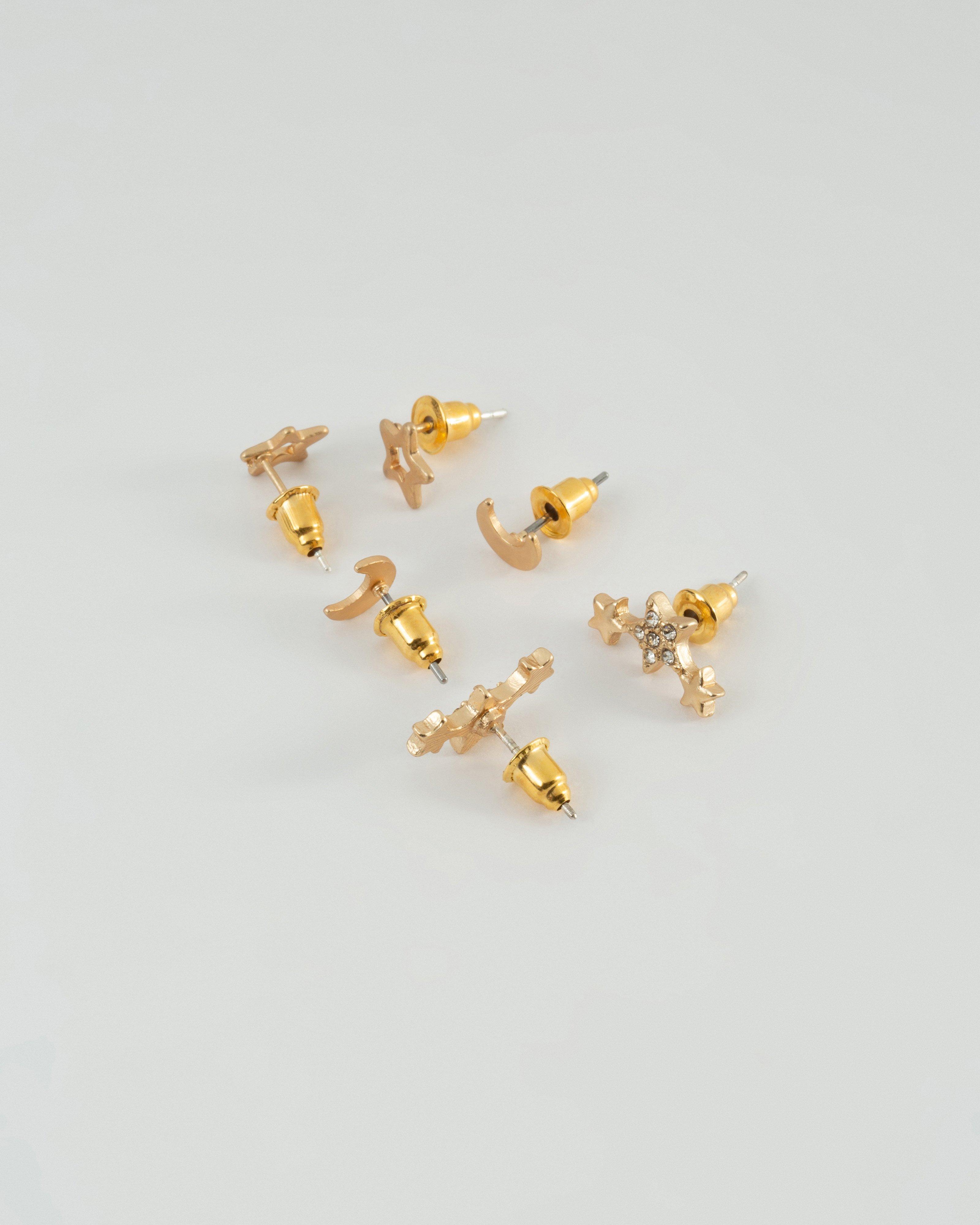 Moon and Star Stud Earrings Pack -  Gold