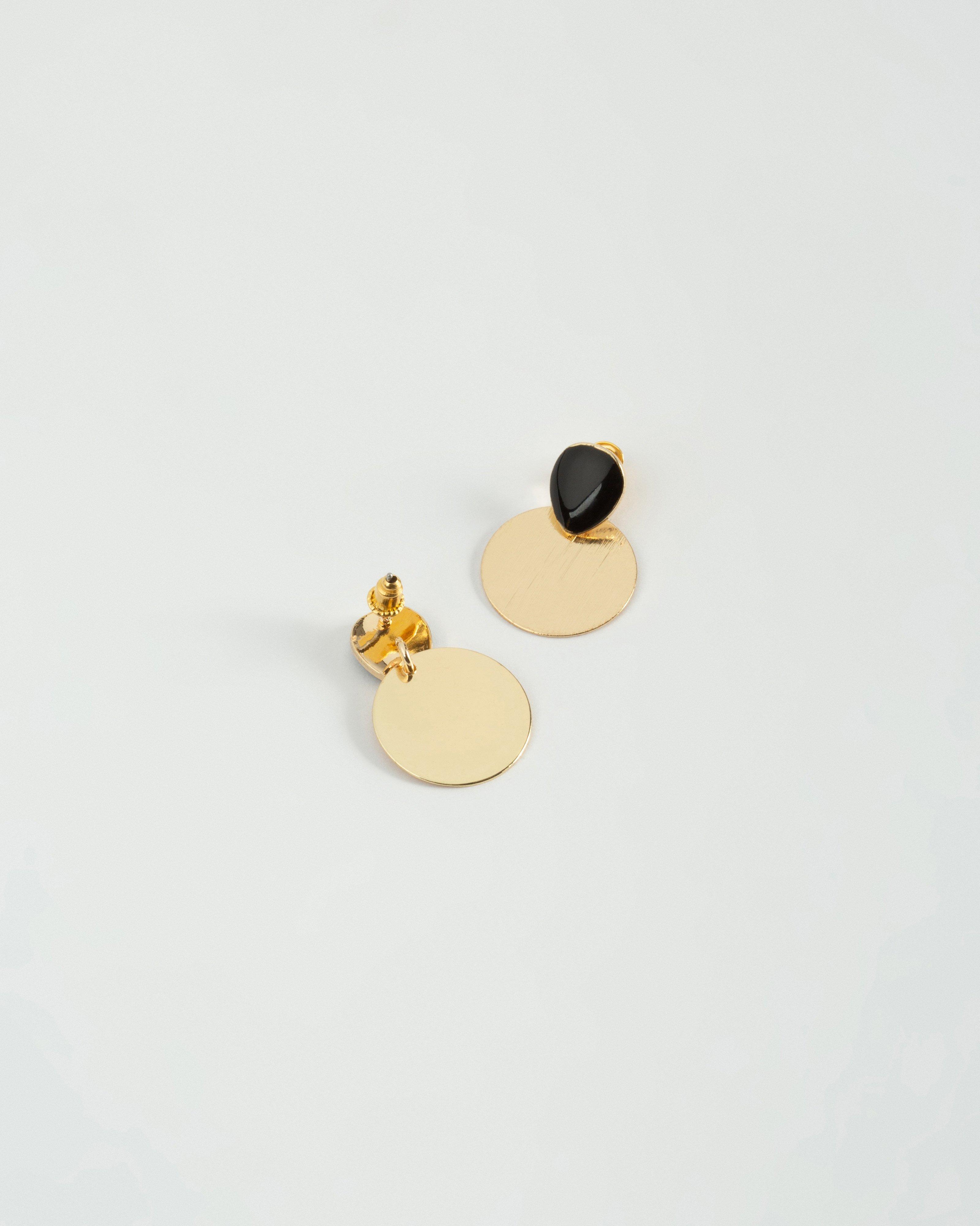 Resin Oval with Round Disk Drop Earrings -  Black