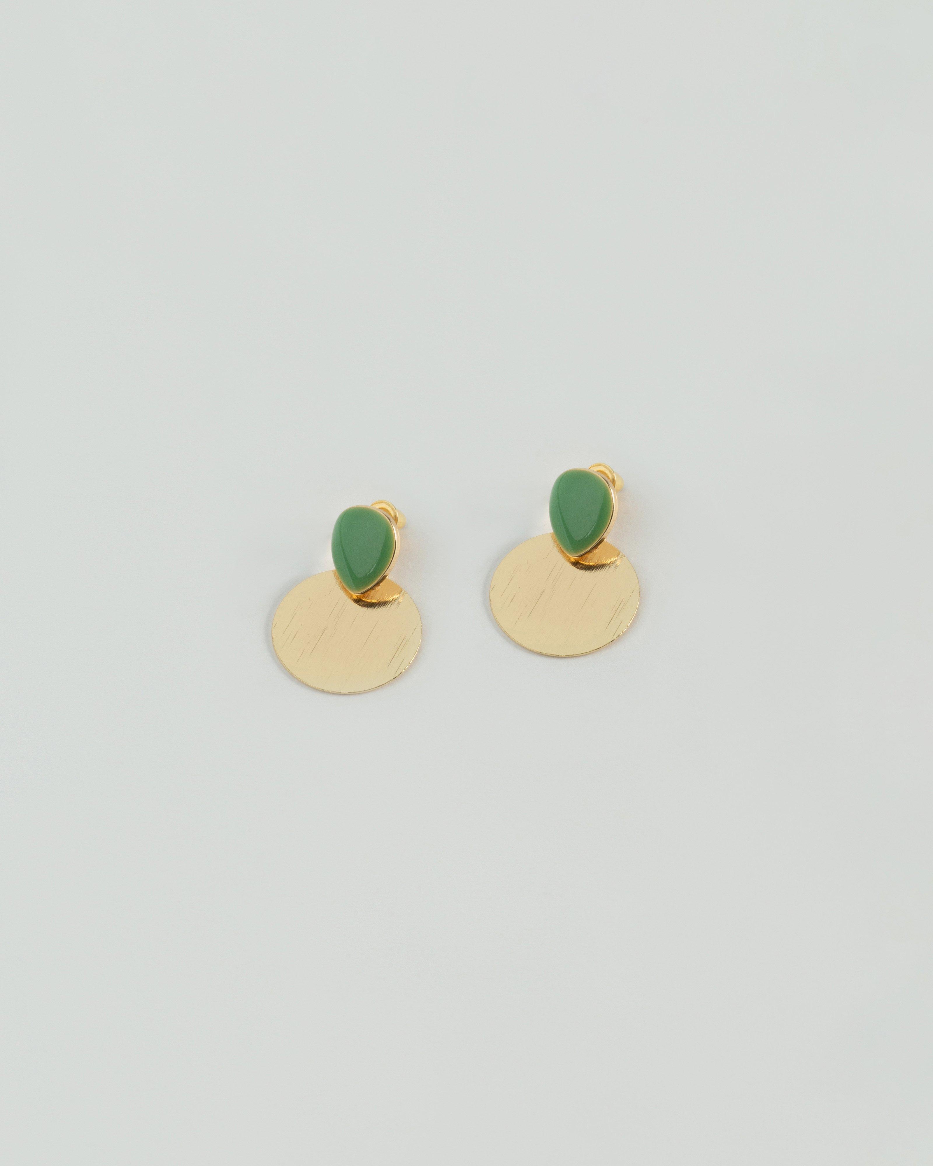 Resin Oval with Round Disk Drop Earrings -  Green