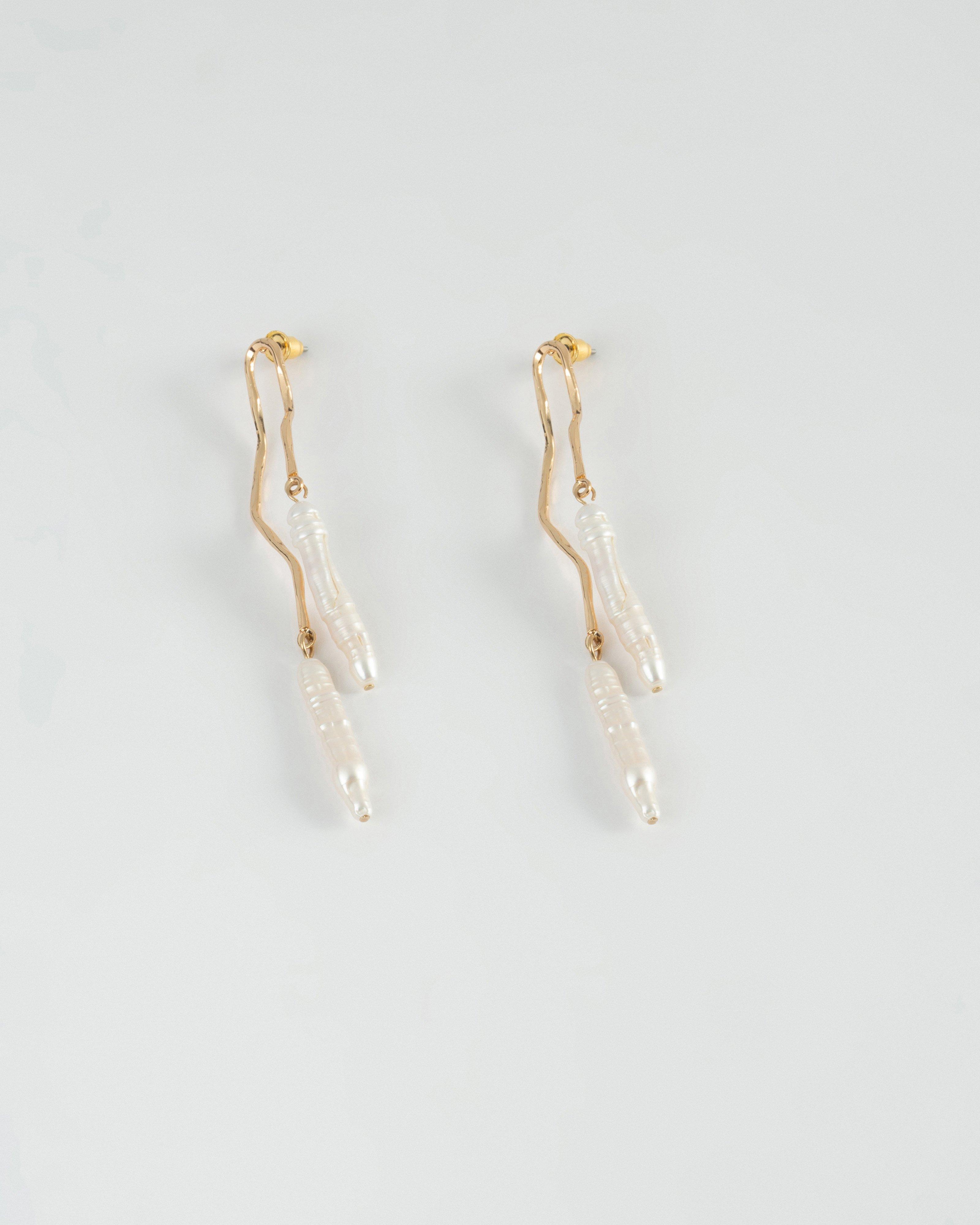 Double Freshwater Pearl Strand Drop Earrings -  Gold