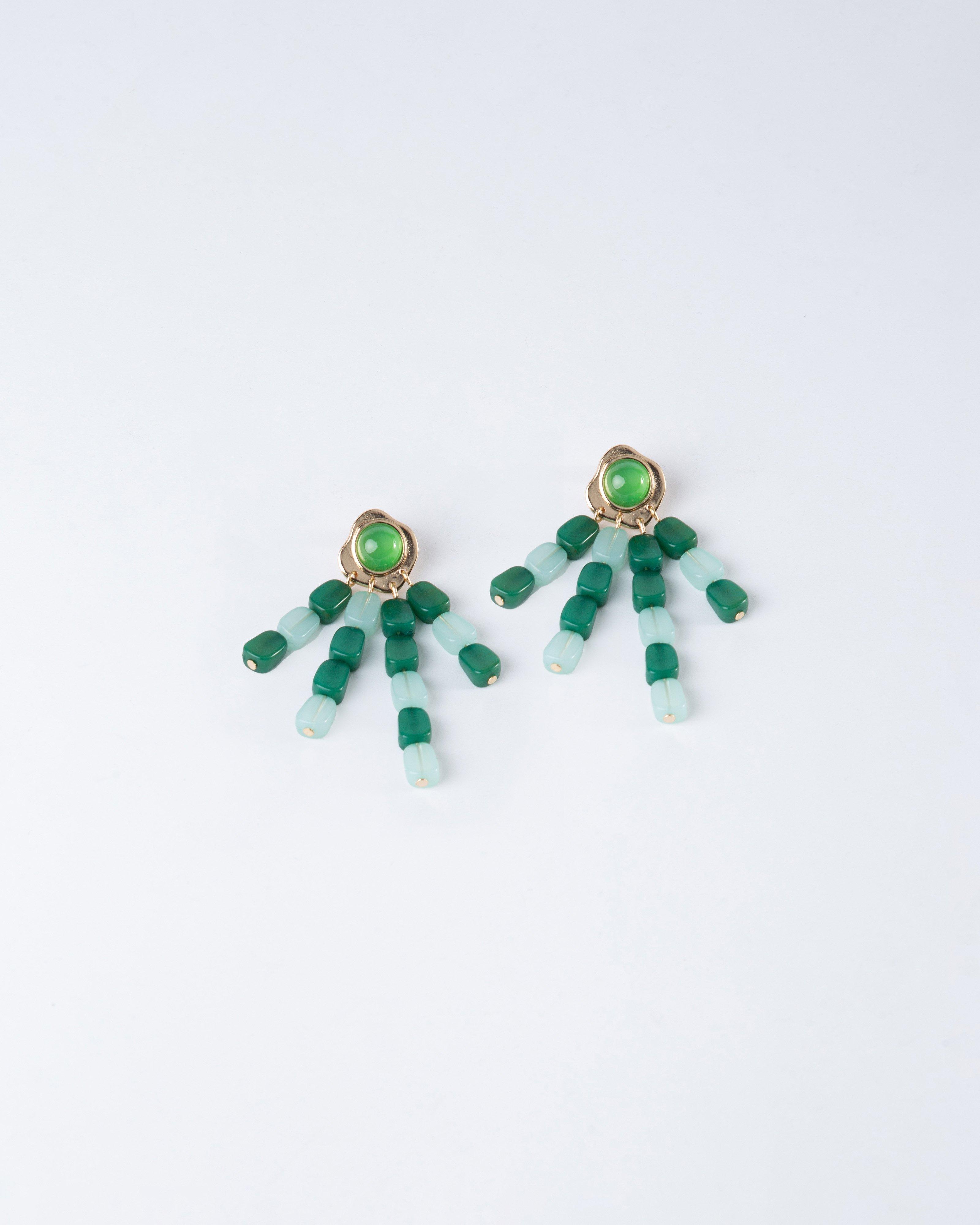 Beaded & Stone Waterfall Earrings -  Dark Green