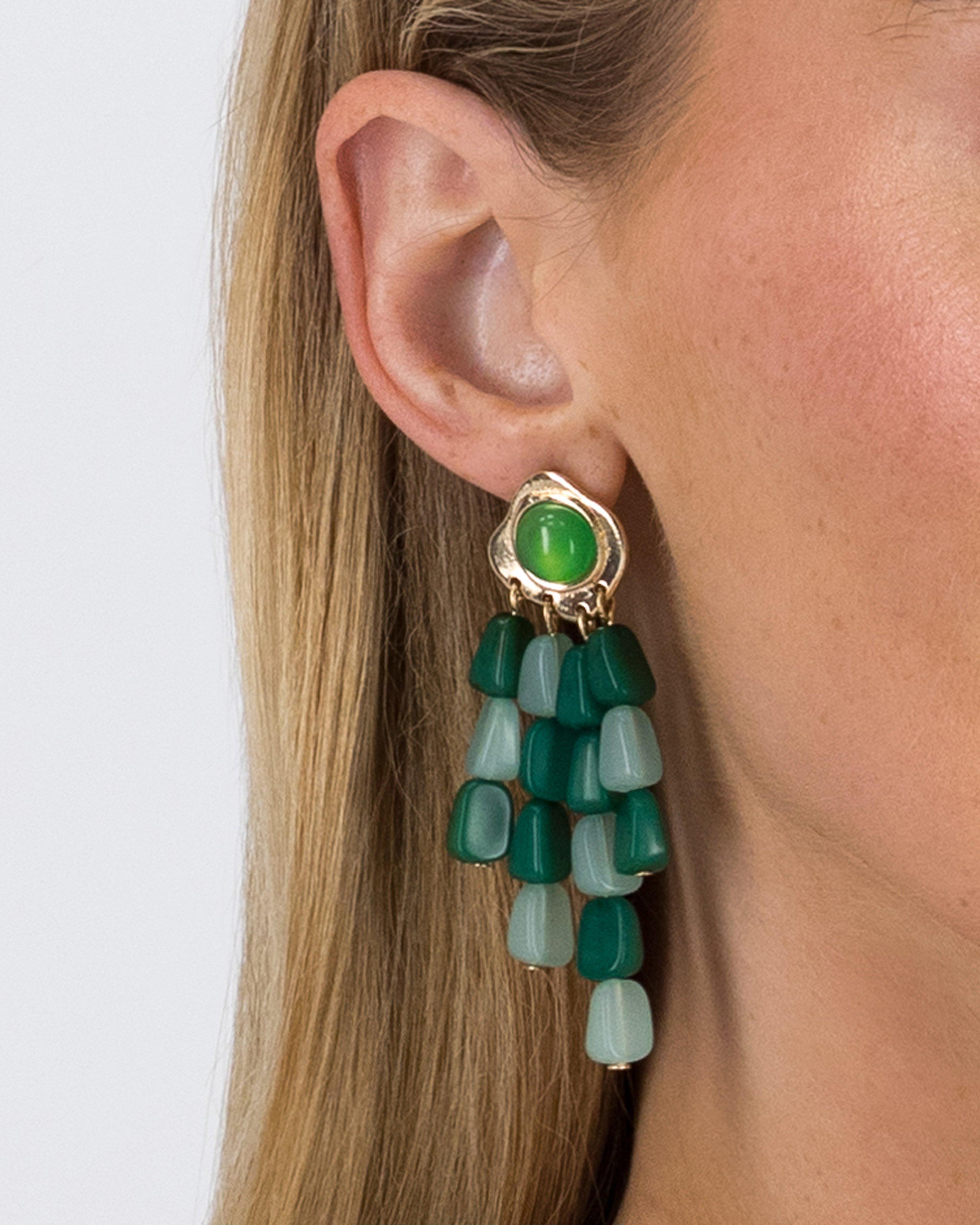 Beaded & Stone Waterfall Earrings -  Dark Green