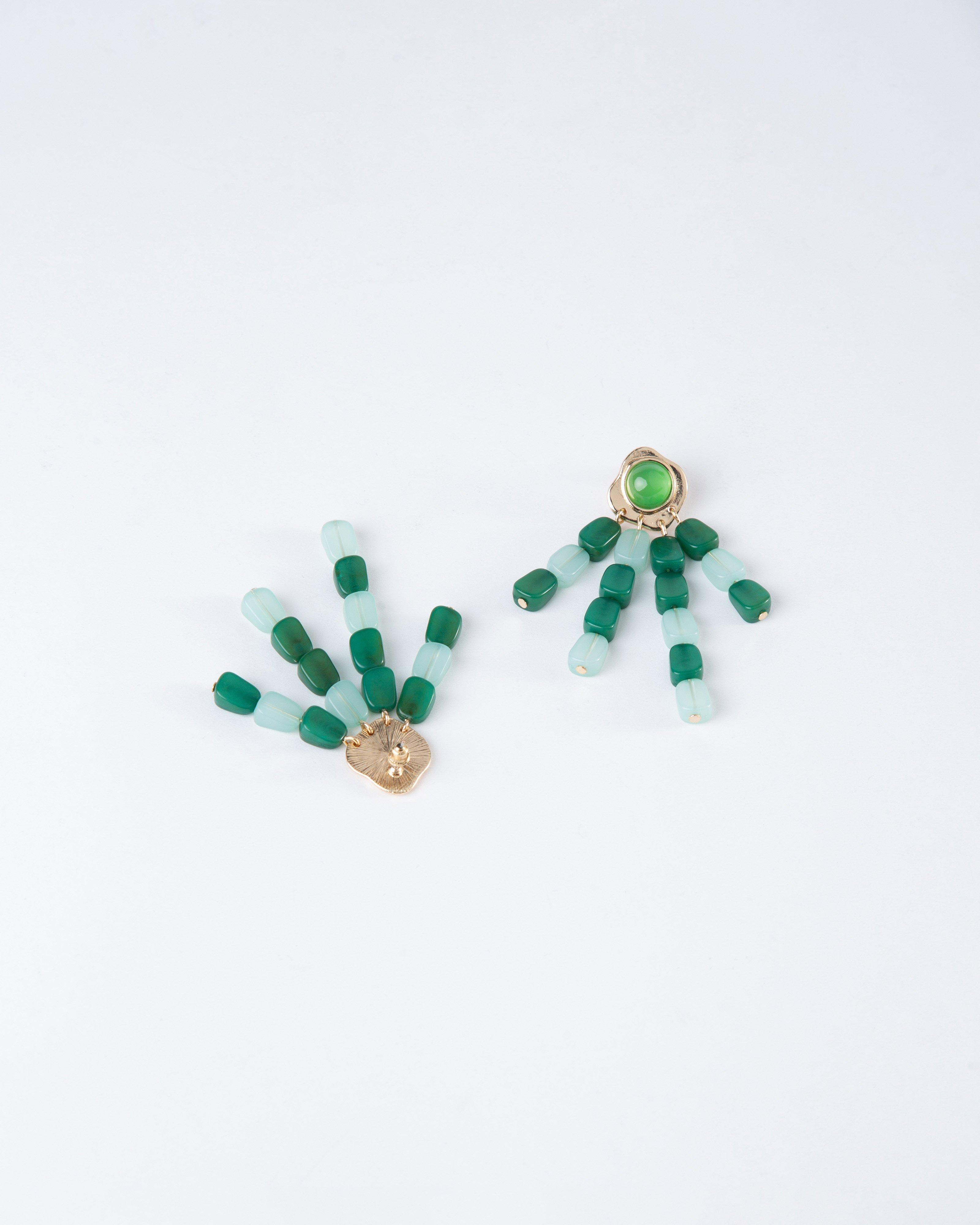 Beaded & Stone Waterfall Earrings -  Dark Green