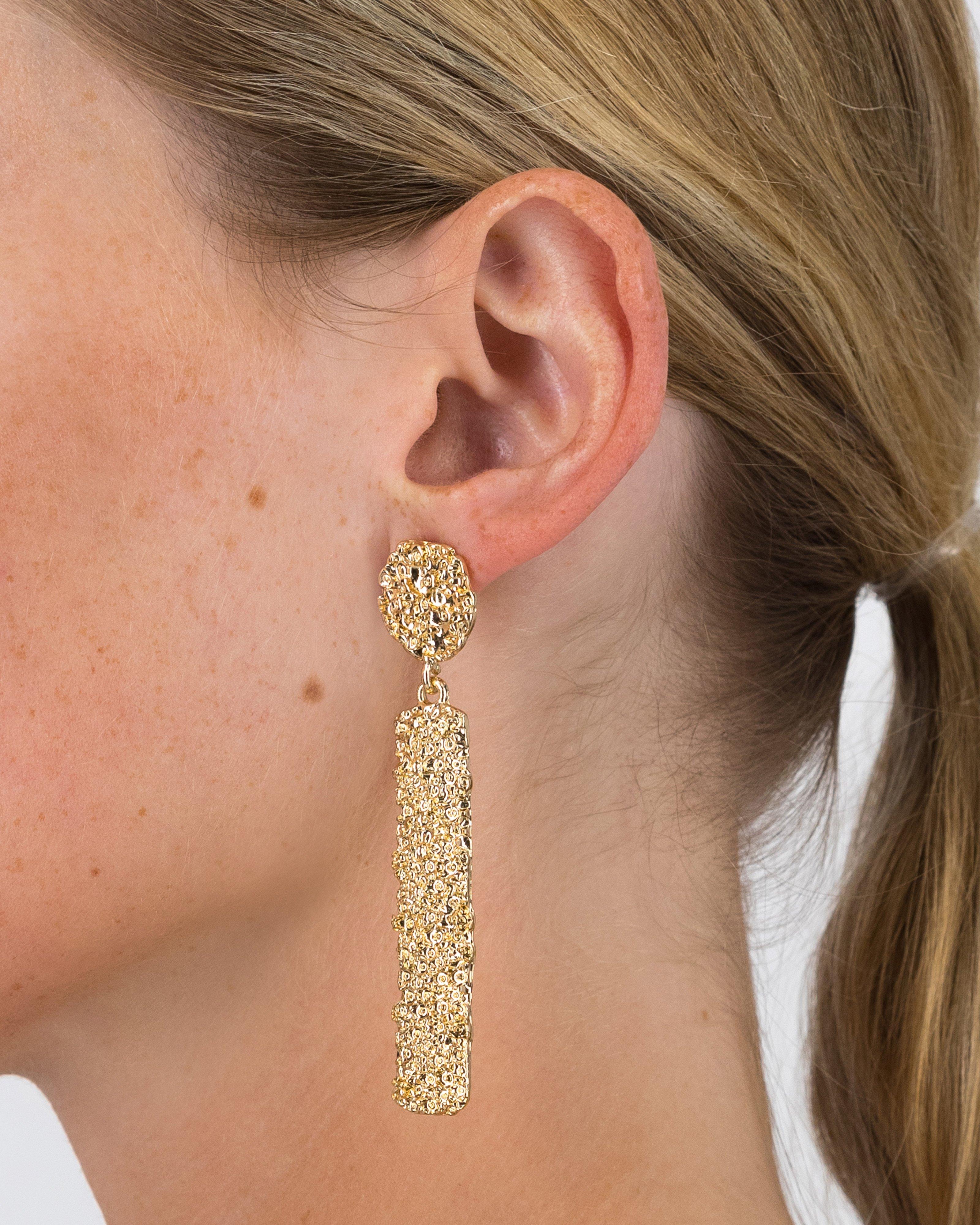 Rectangular Encrusted Drop Earrings -  Gold