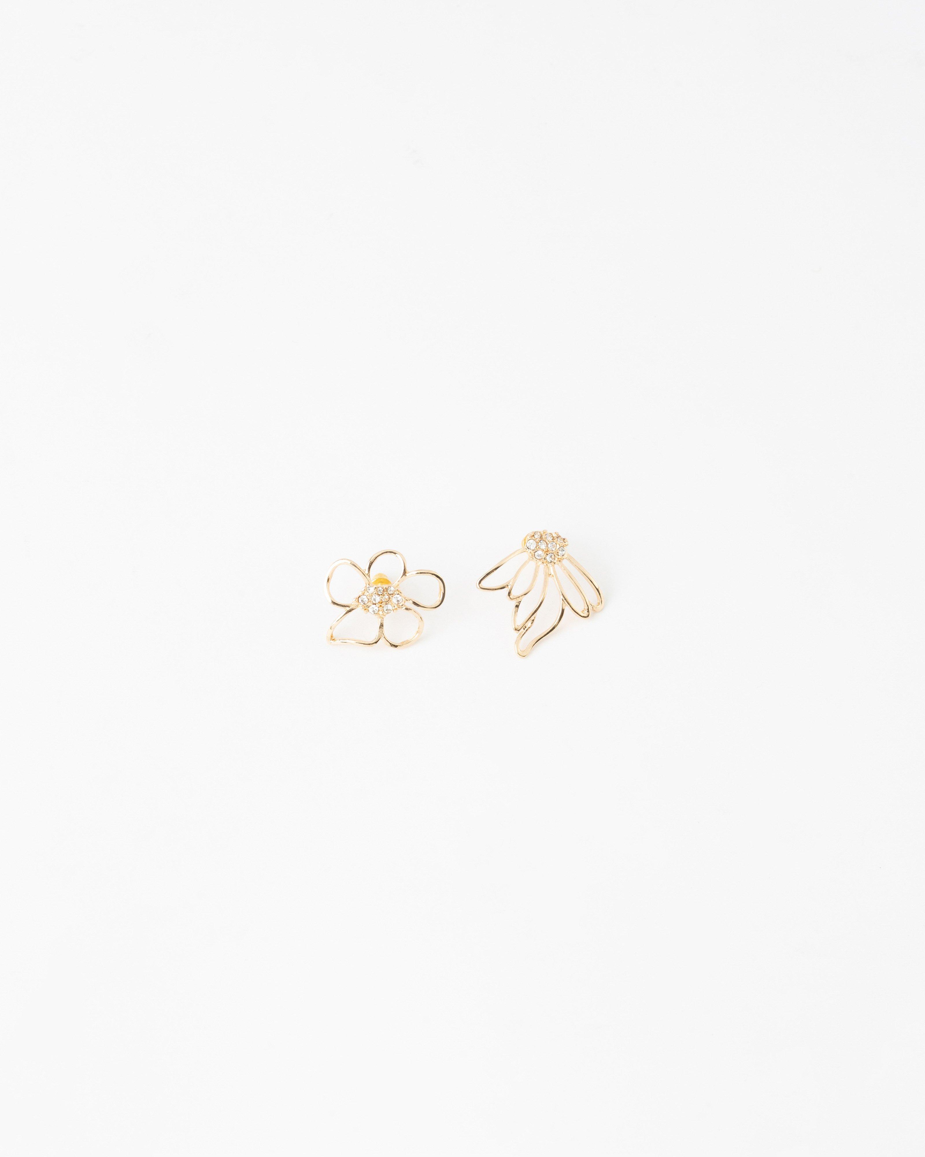 Mismatch Stone Flower Stud Earrings -  Gold