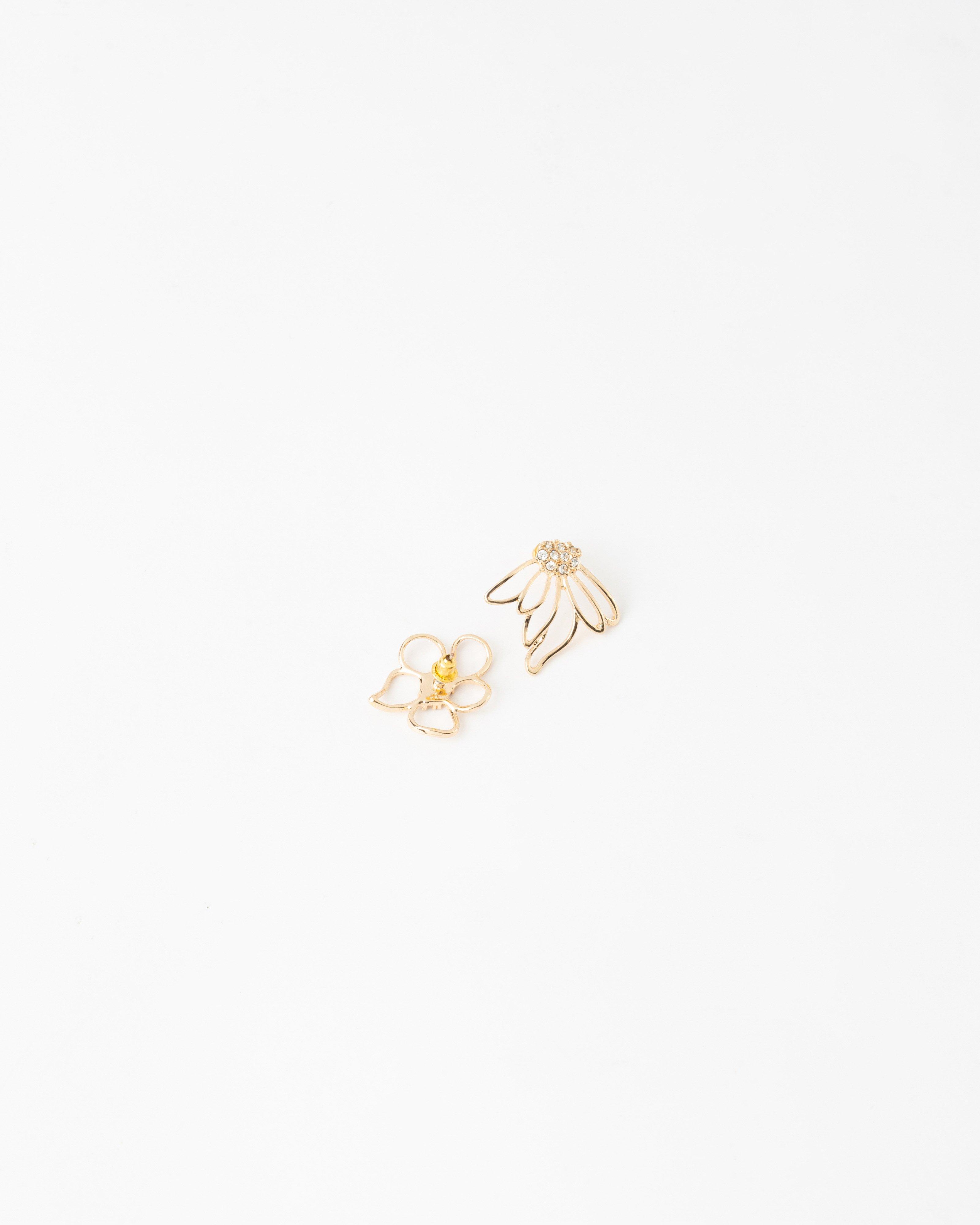 Mismatch Stone Flower Stud Earrings -  Gold