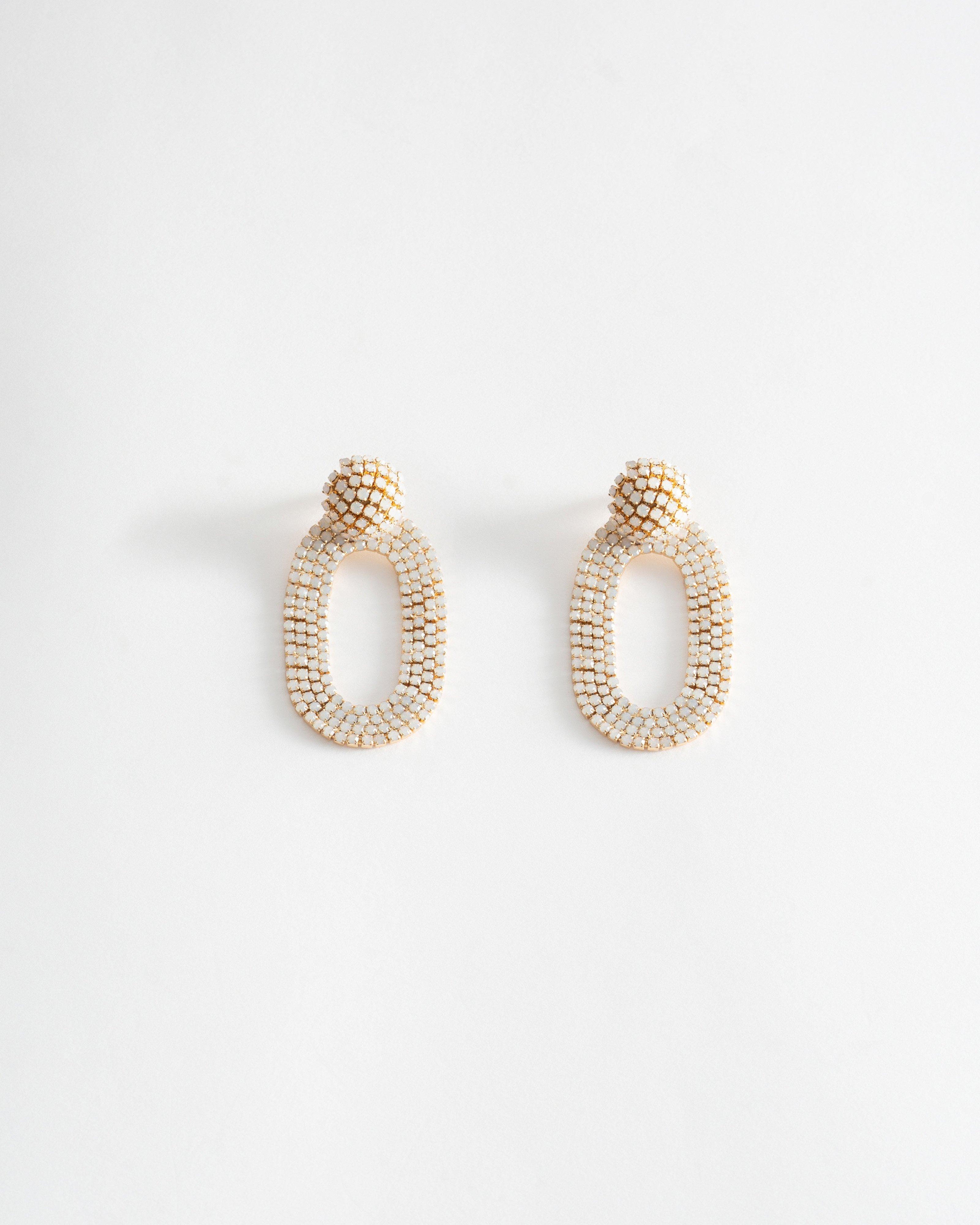 Oval Stone Encrusted Drop Earrings -  Milk