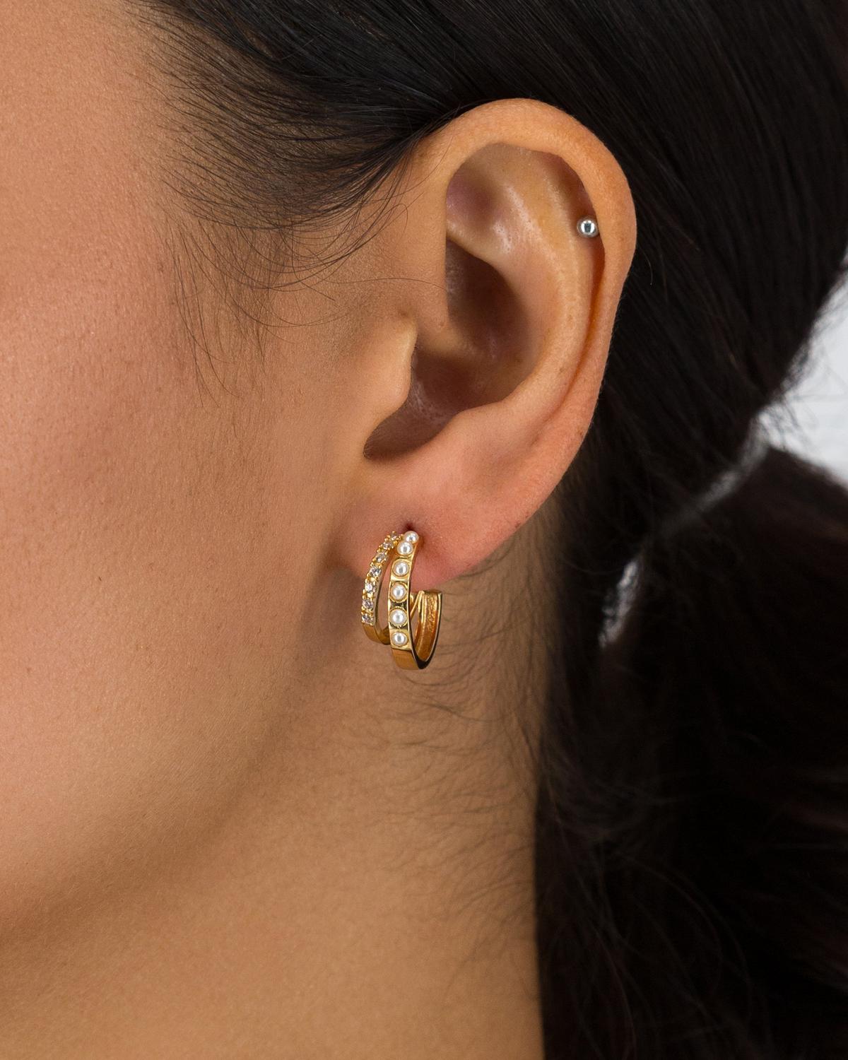 Sterling Silver Double Stone & Freshwater Pearl Earrings -  Gold