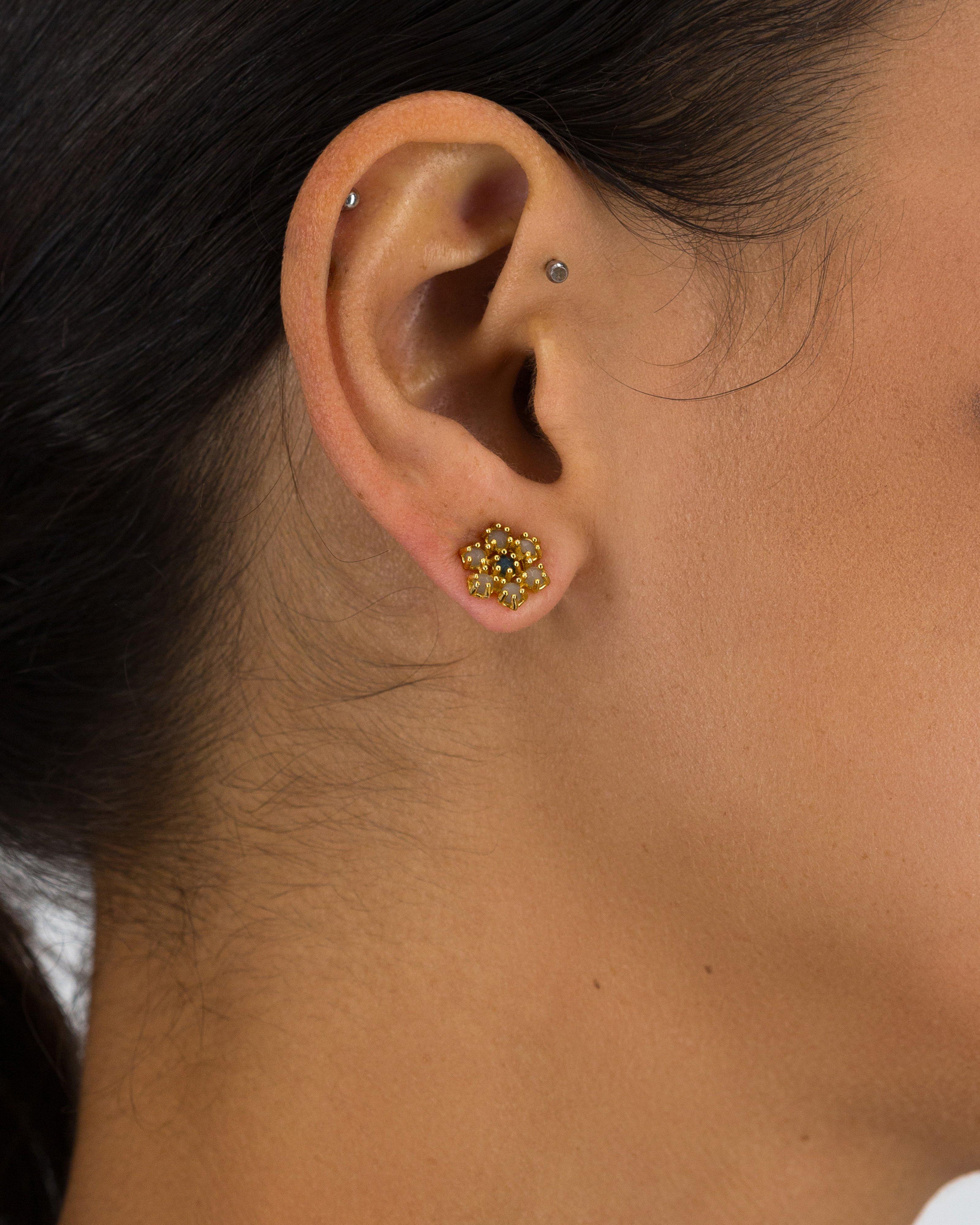 Sterling Silver Stone Flower Stud Earrings -  Gold
