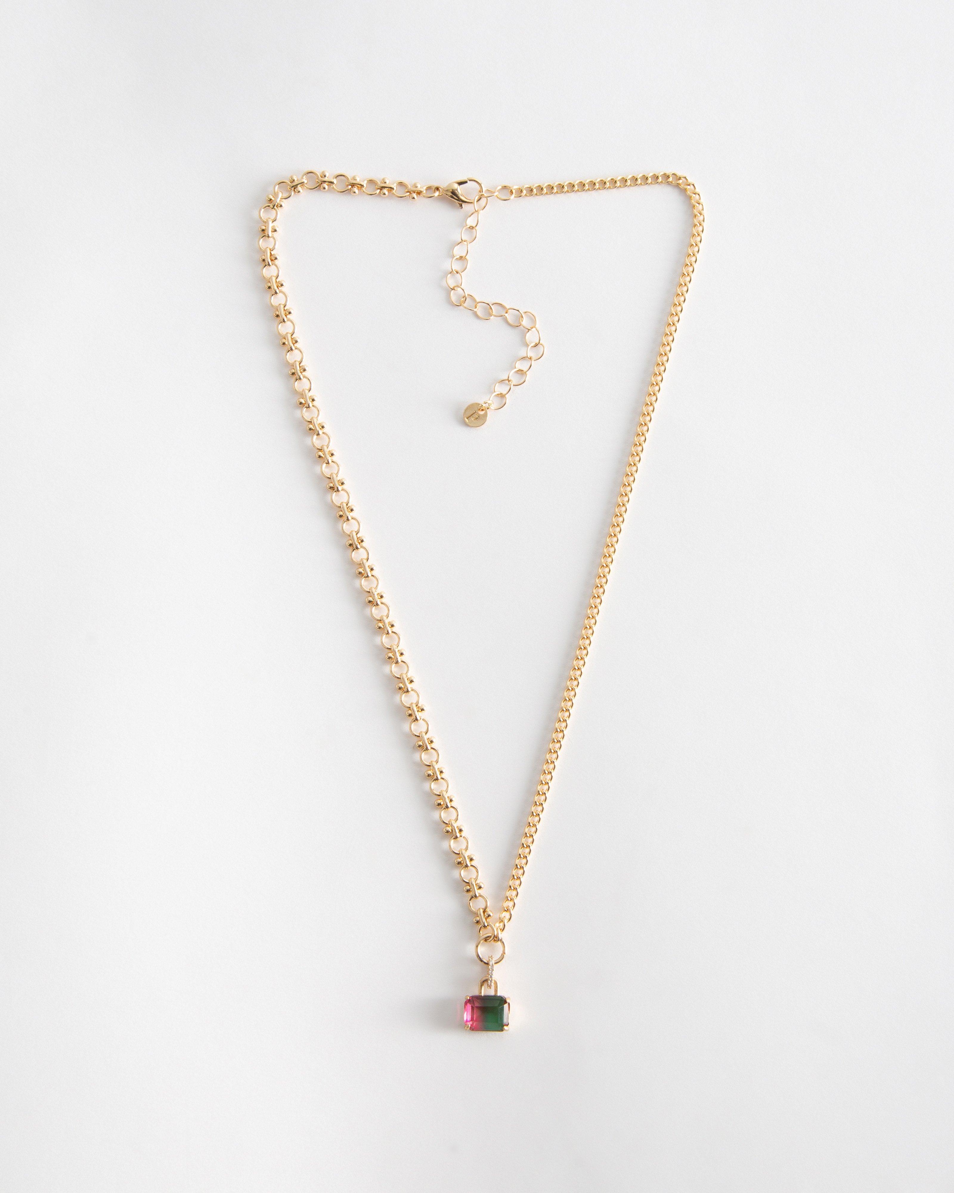 Cable and Figaro Chain with stone Pendant NL -  Gold