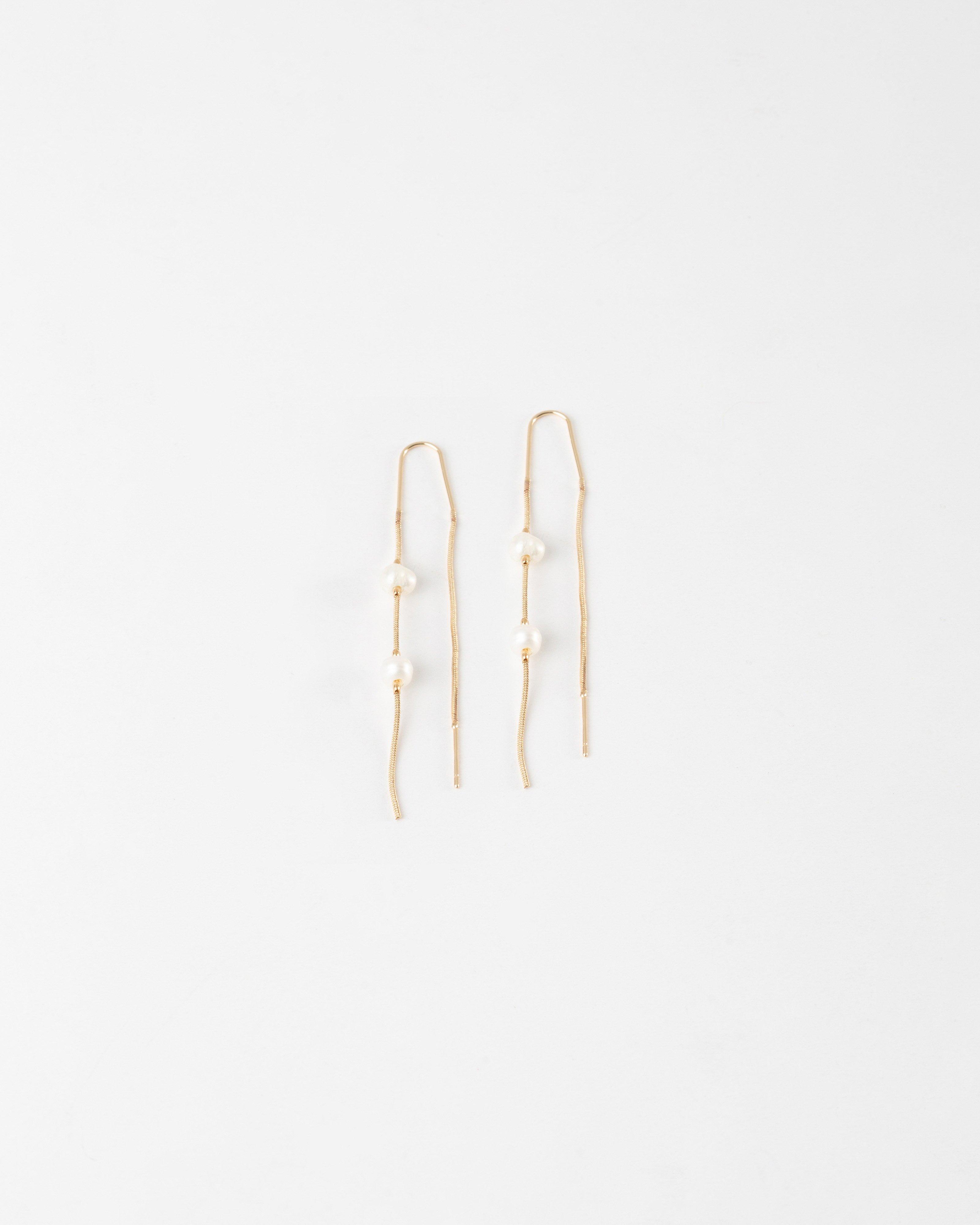 Thread Through Freshwater Pearl Earrings -  Gold