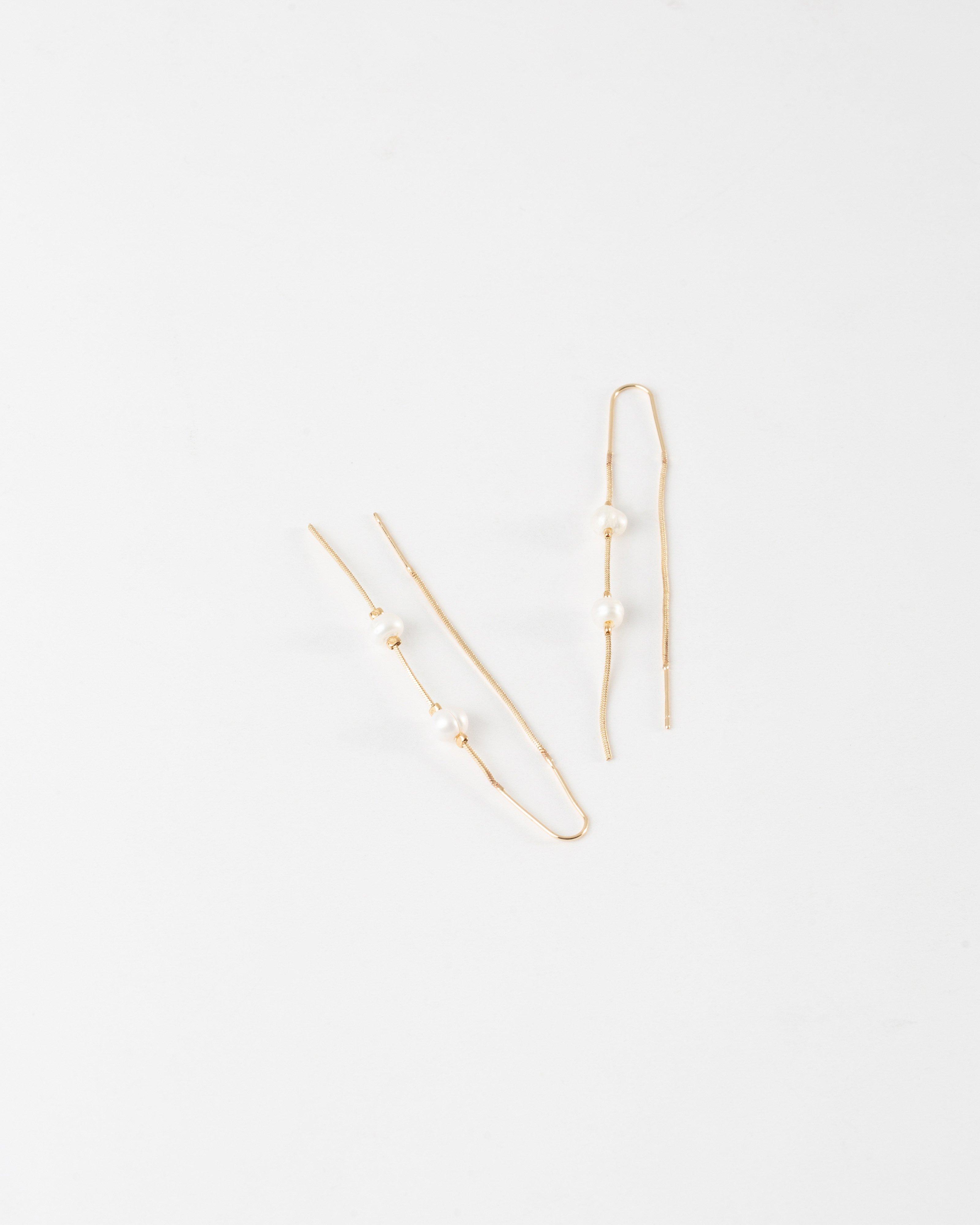 Thread Through Freshwater Pearl Earrings -  Gold