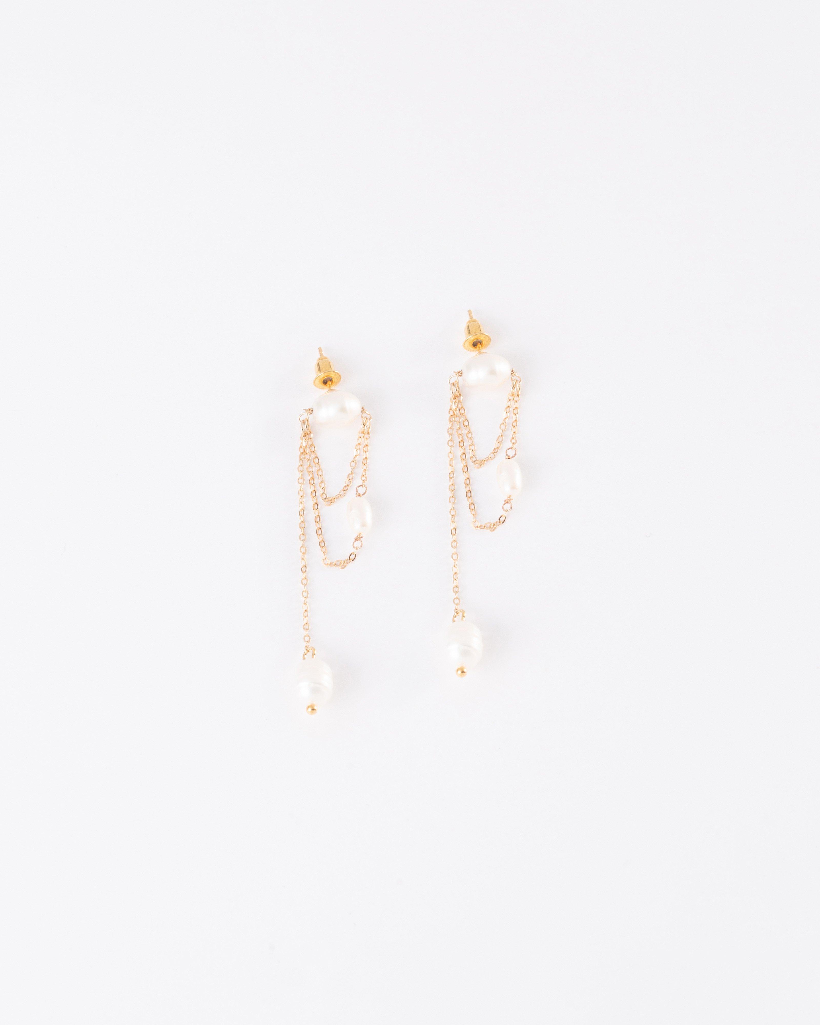 Sterling Silver Freshwater Pearl & Chain Drop Earrings -  Gold