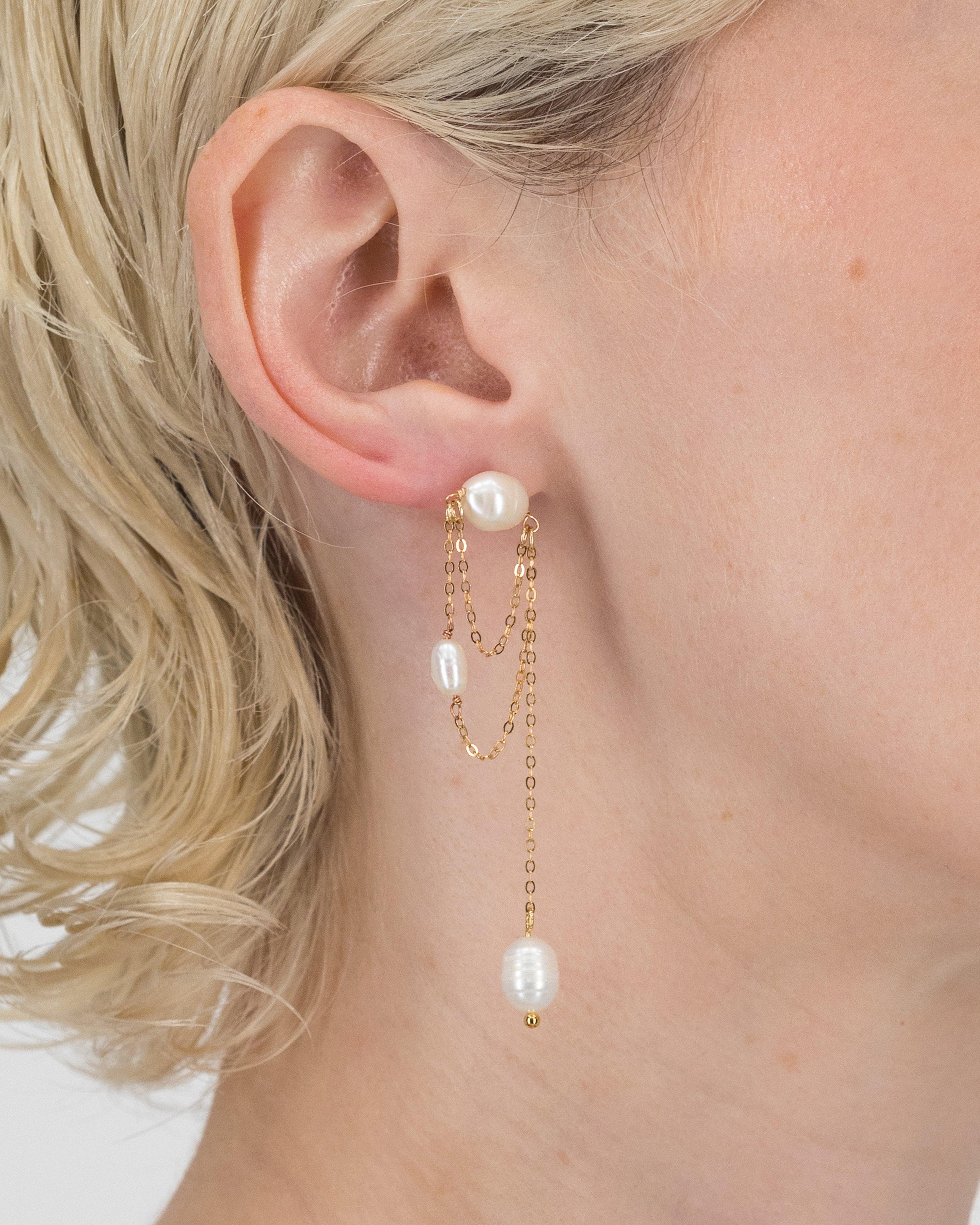 Sterling Silver Freshwater Pearl & Chain Drop Earrings -  Gold