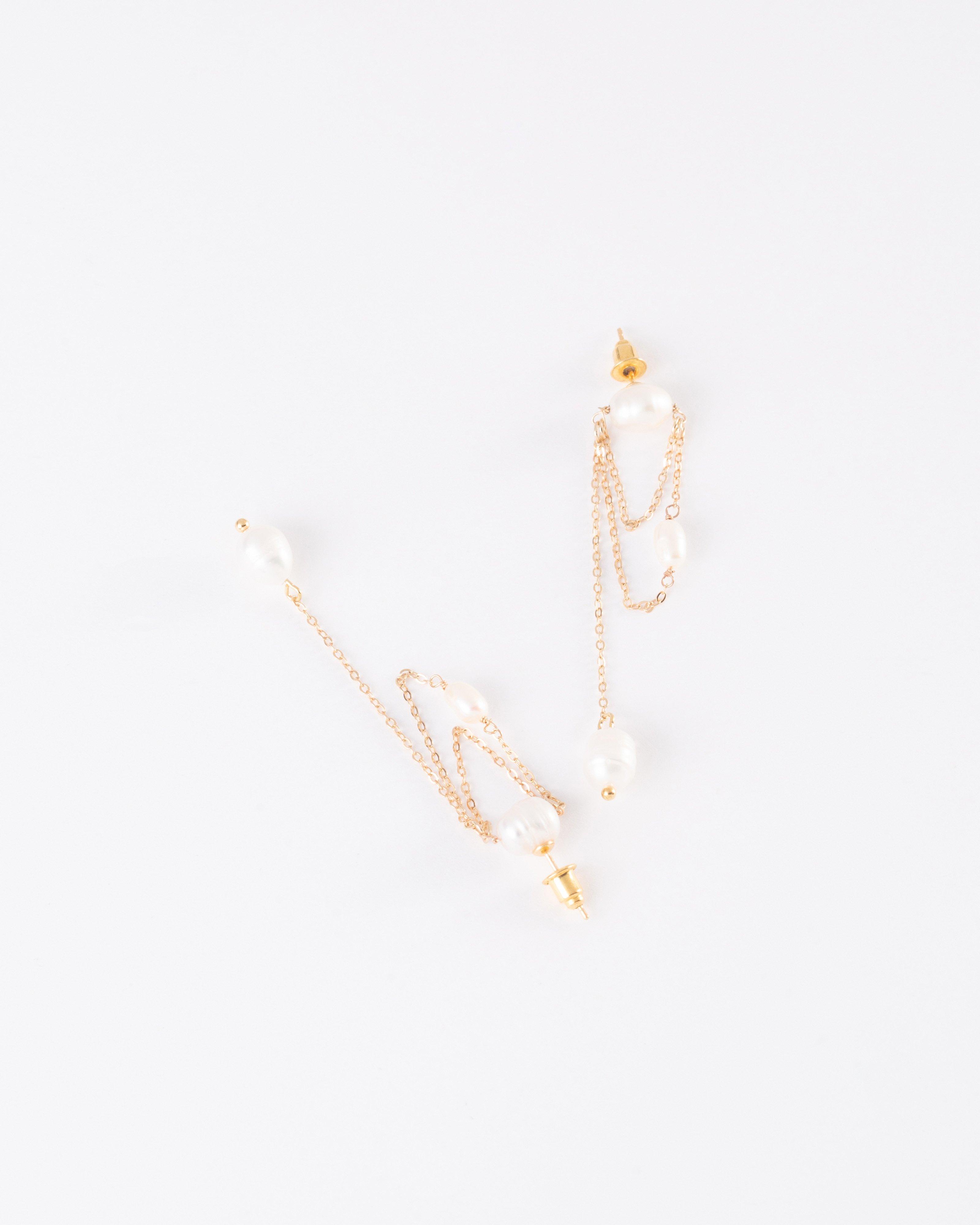 Sterling Silver Freshwater Pearl & Chain Drop Earrings -  Gold