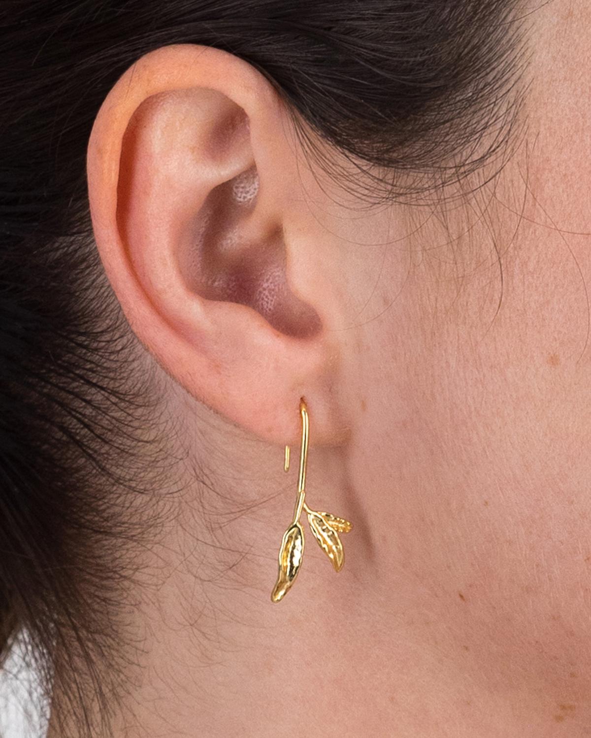 Sterling Silver Leaf Fishhook Drop Earrings -  Gold