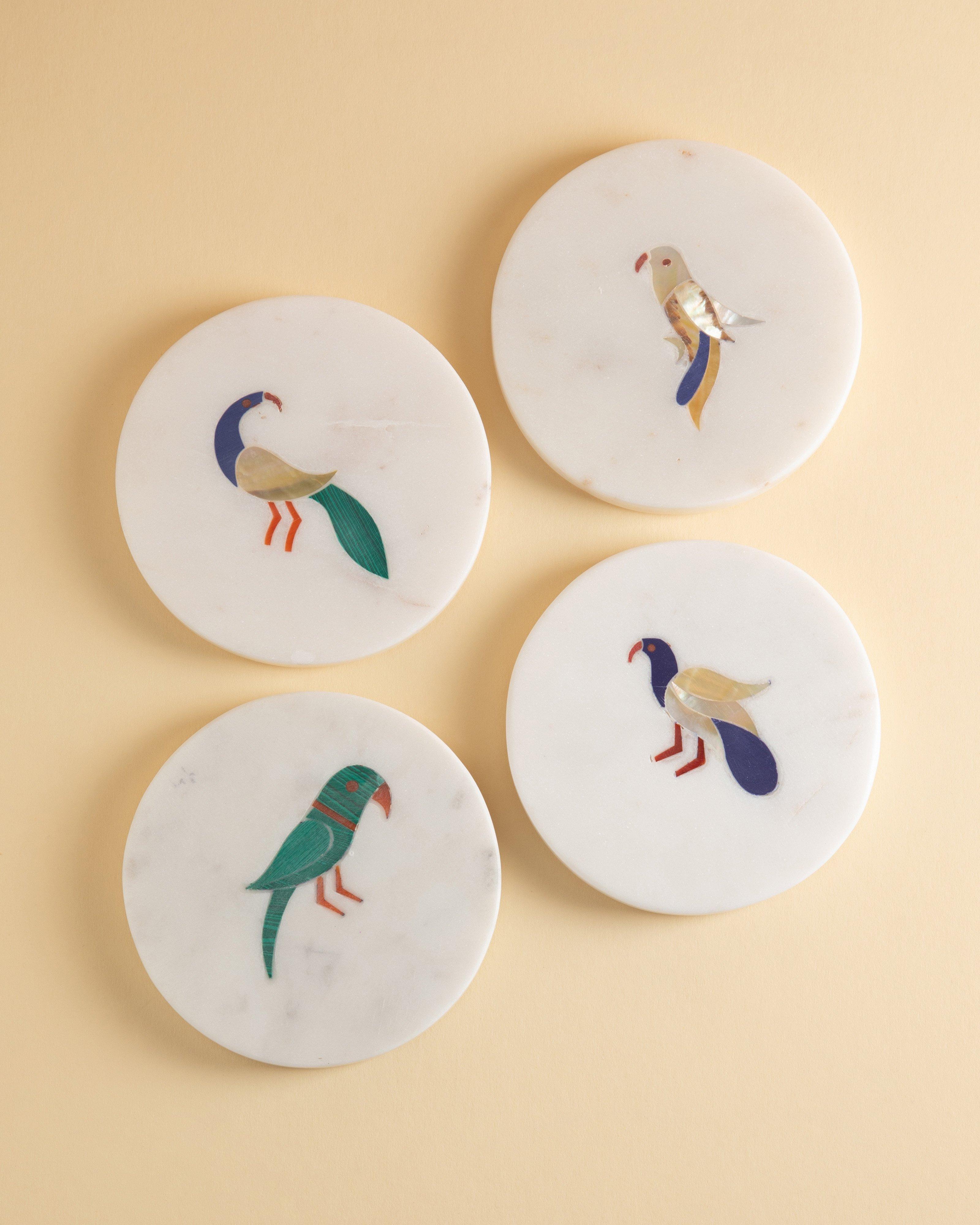 Tropical Birds Coaster Set -  White