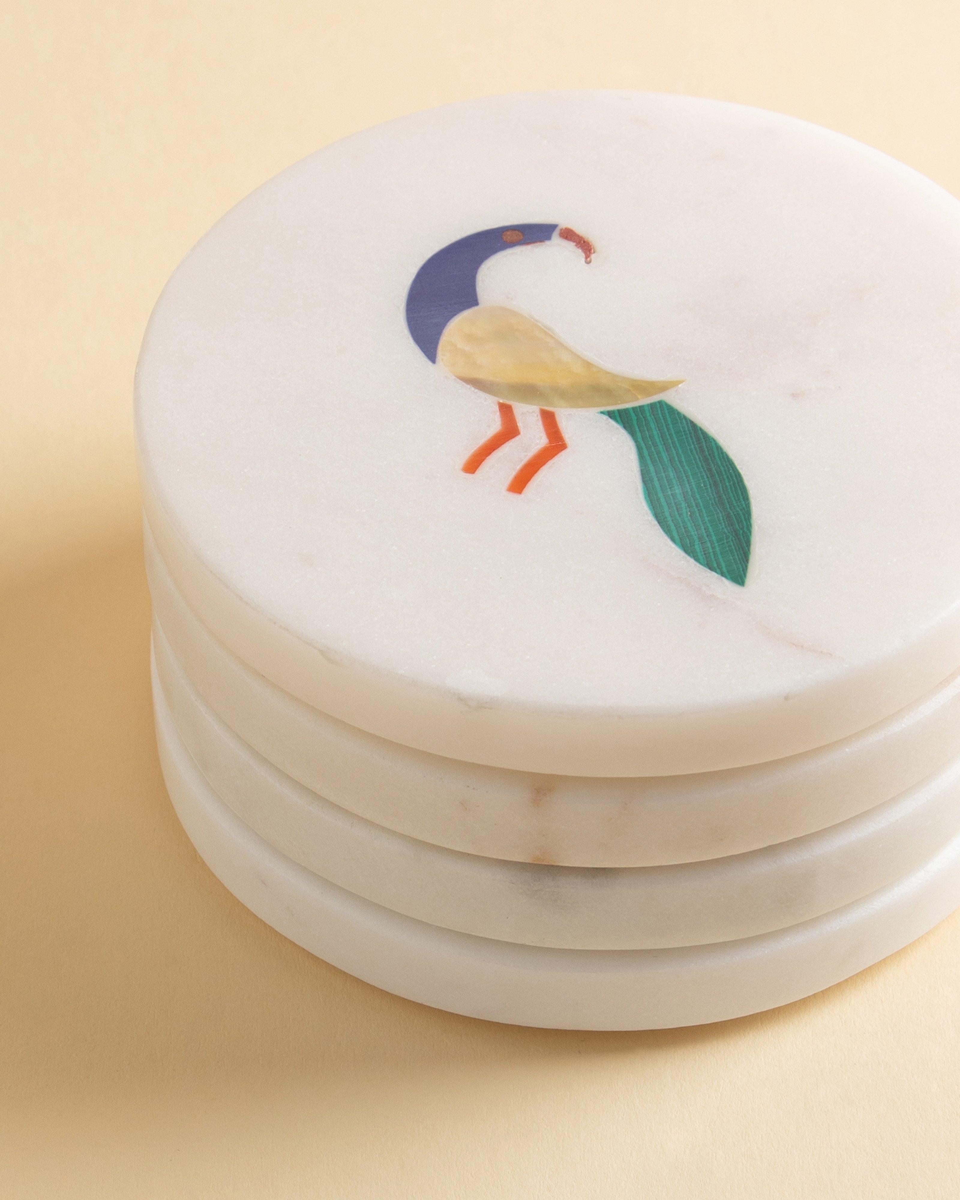 Tropical Birds Coaster Set -  White