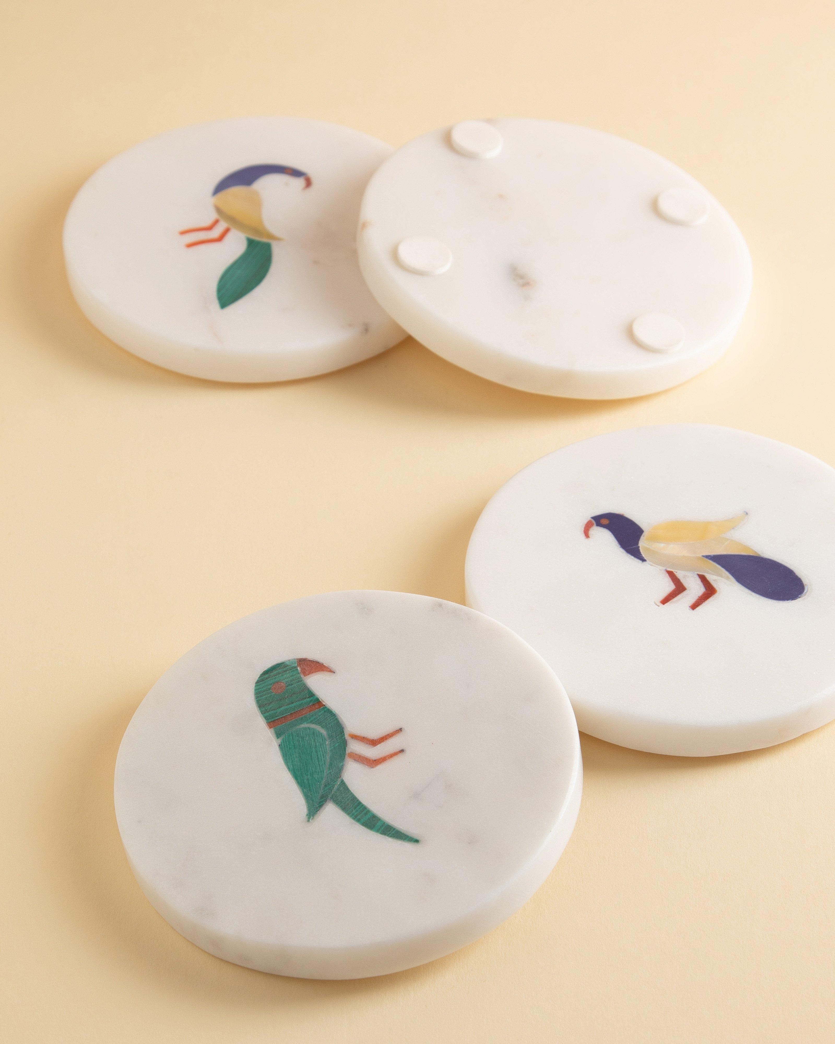 Tropical Birds Coaster Set -  White