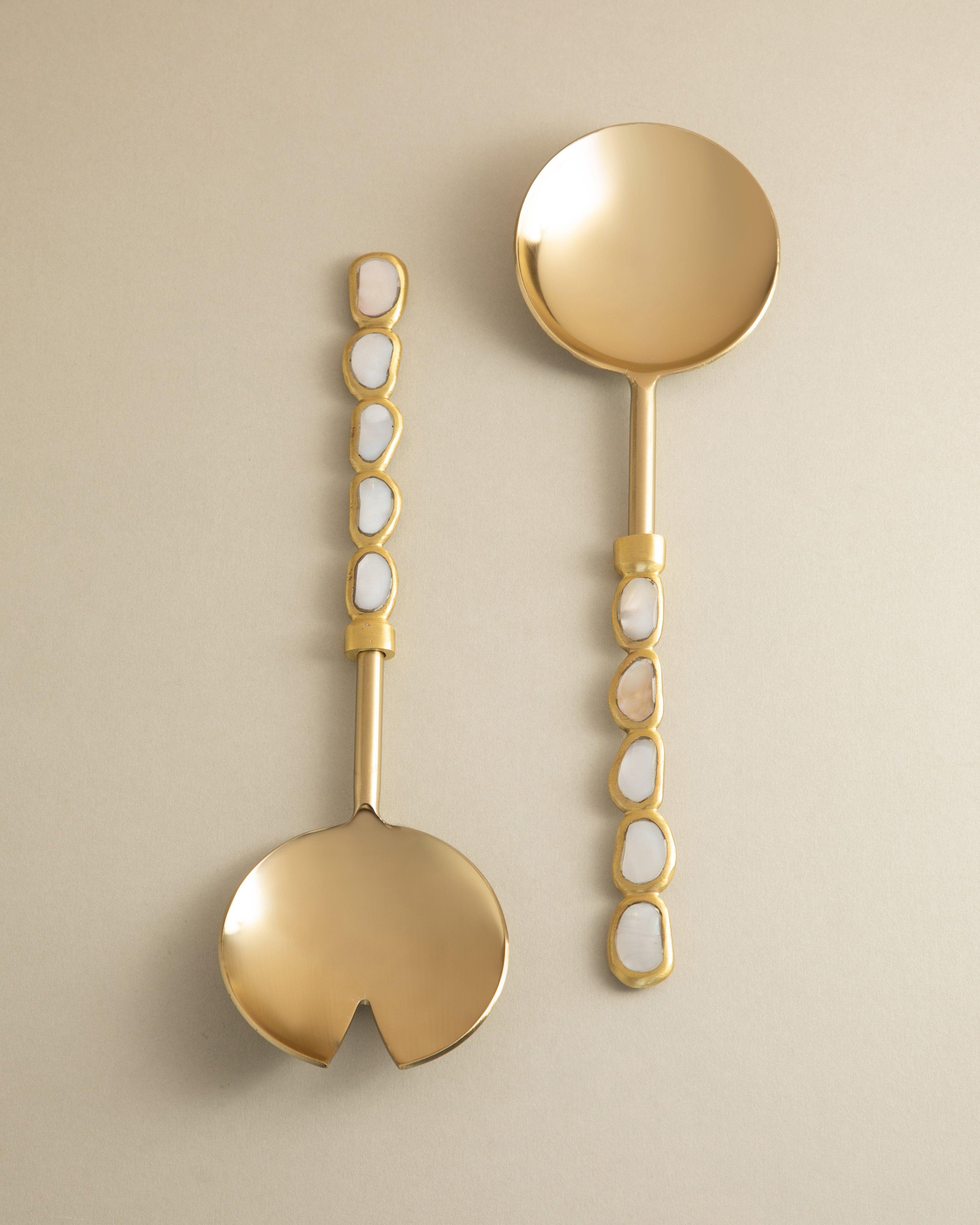 Brass Inlay Mother of Pearl Salad Server Set -  Gold