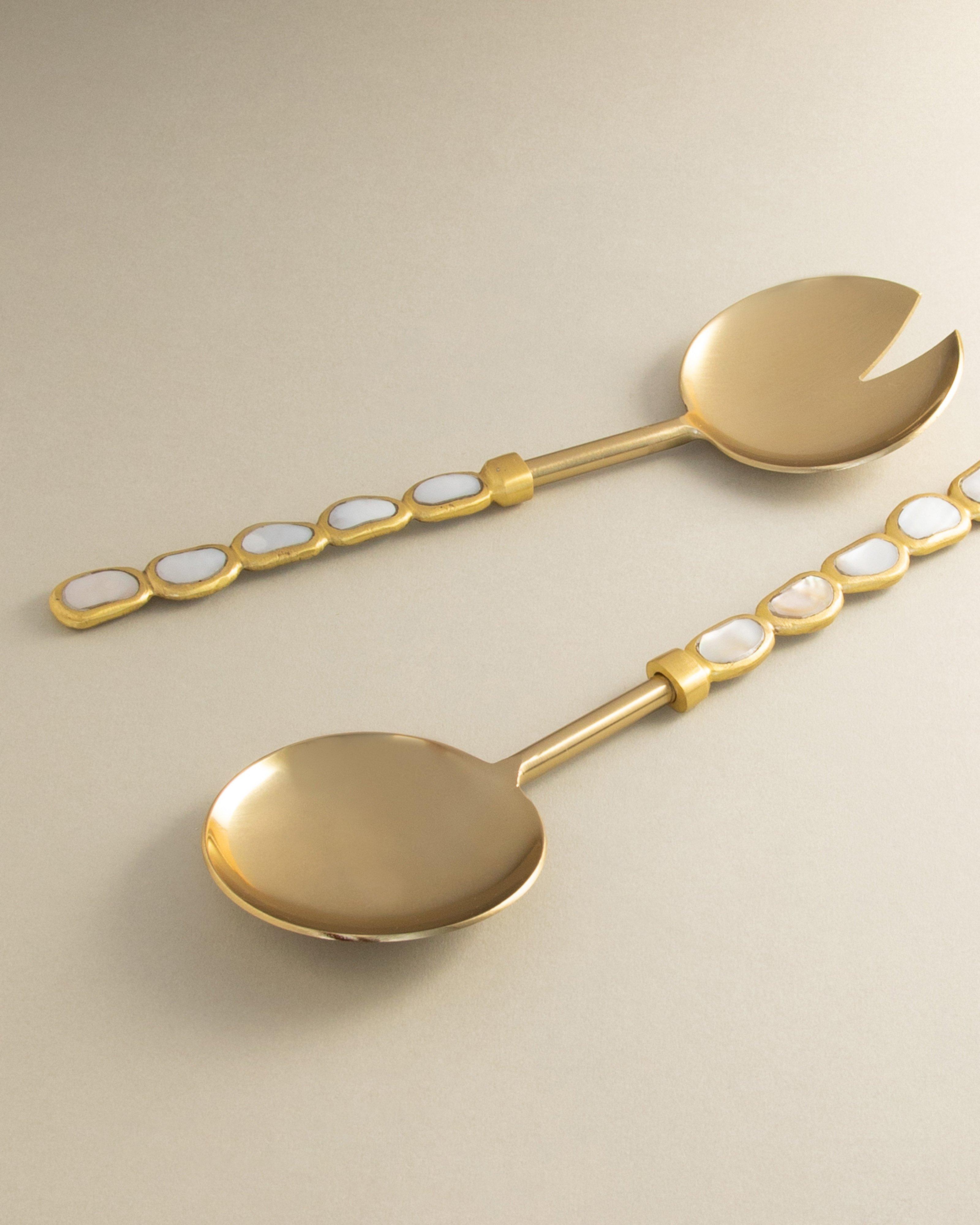 Brass Inlay Mother of Pearl Salad Server Set -  Gold