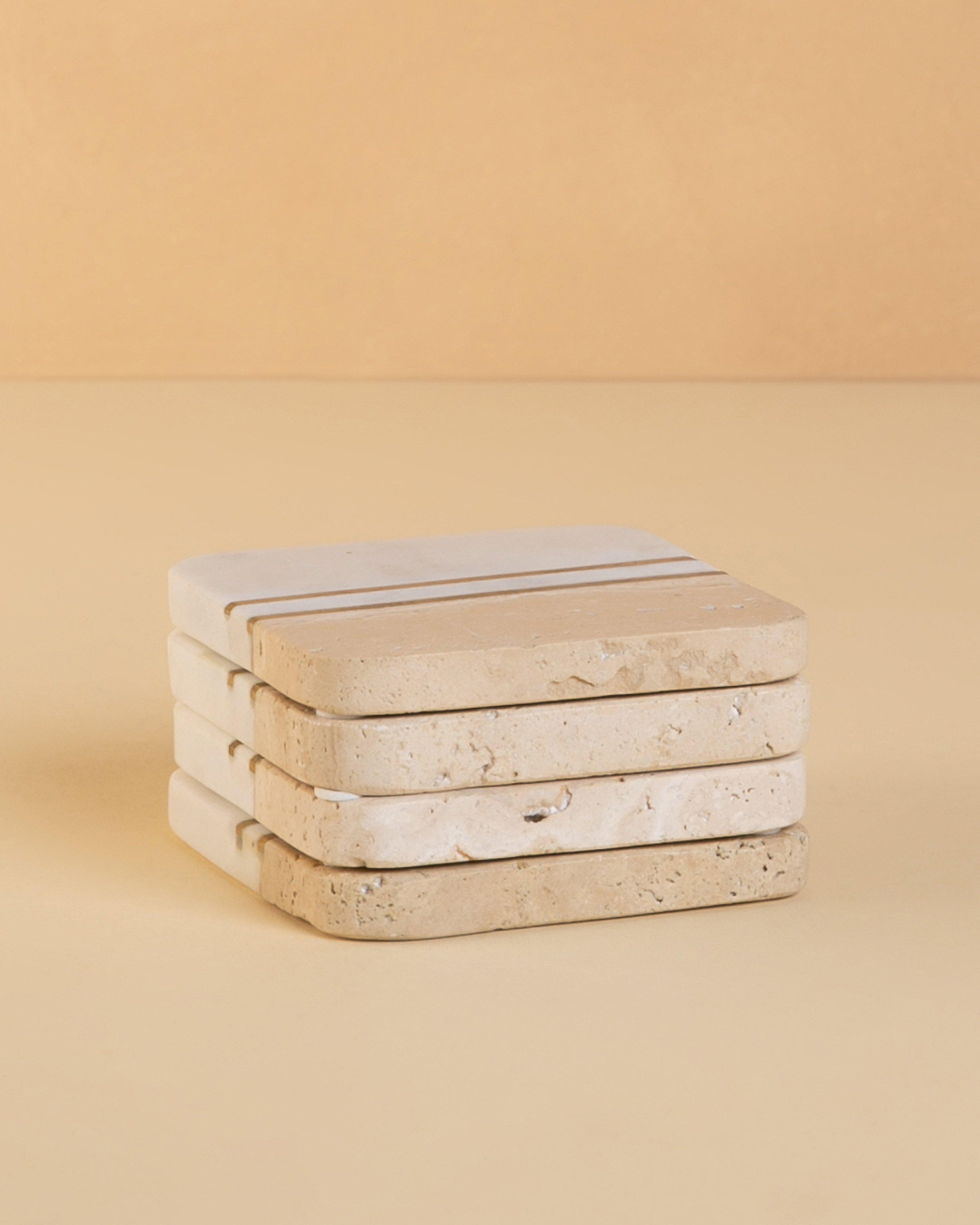 Travertine, Marble and Brass Coaster -  Taupe