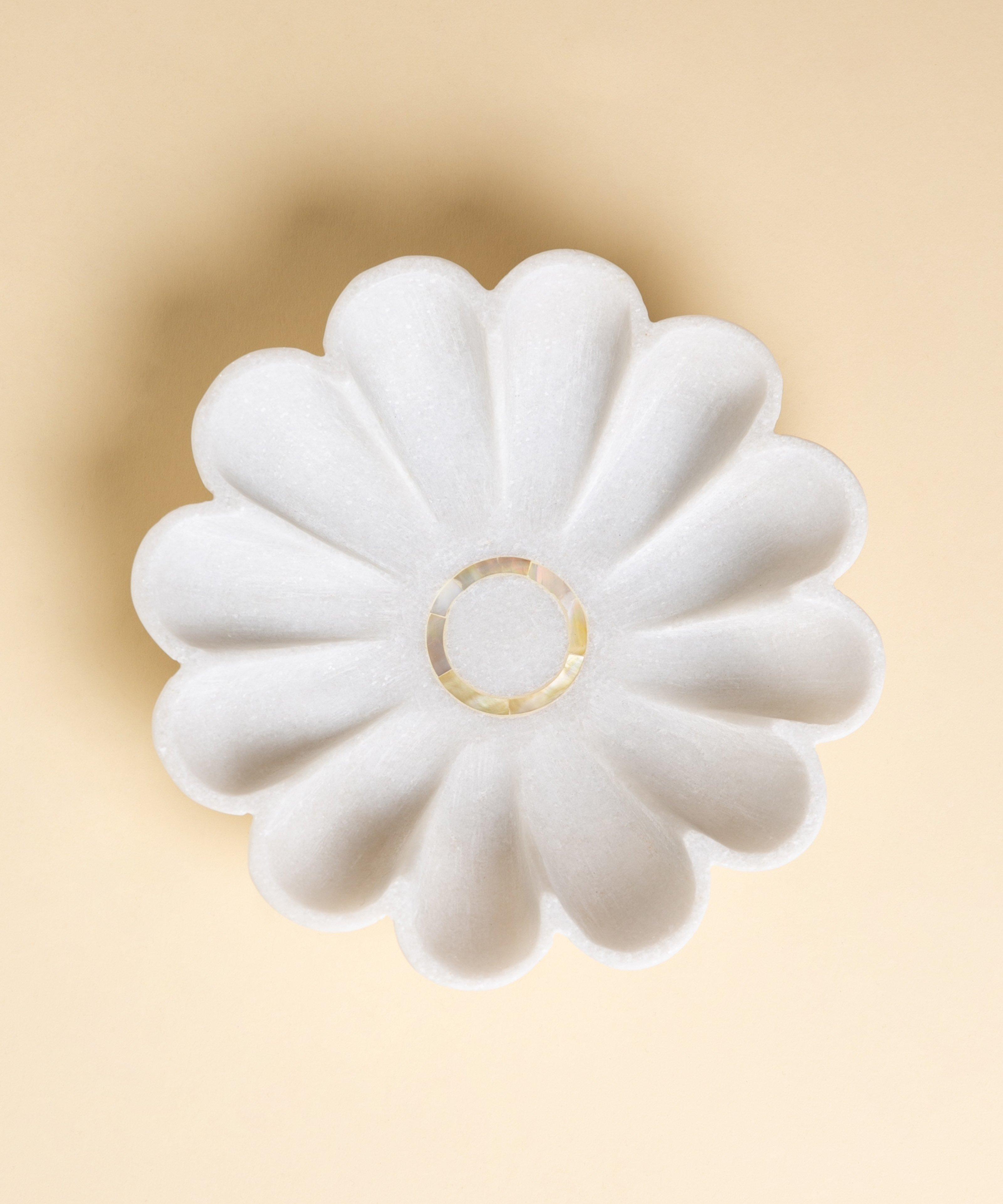 Floral Medium Marble Bowl with Mother of Pearl Detail Bowl -  Milk