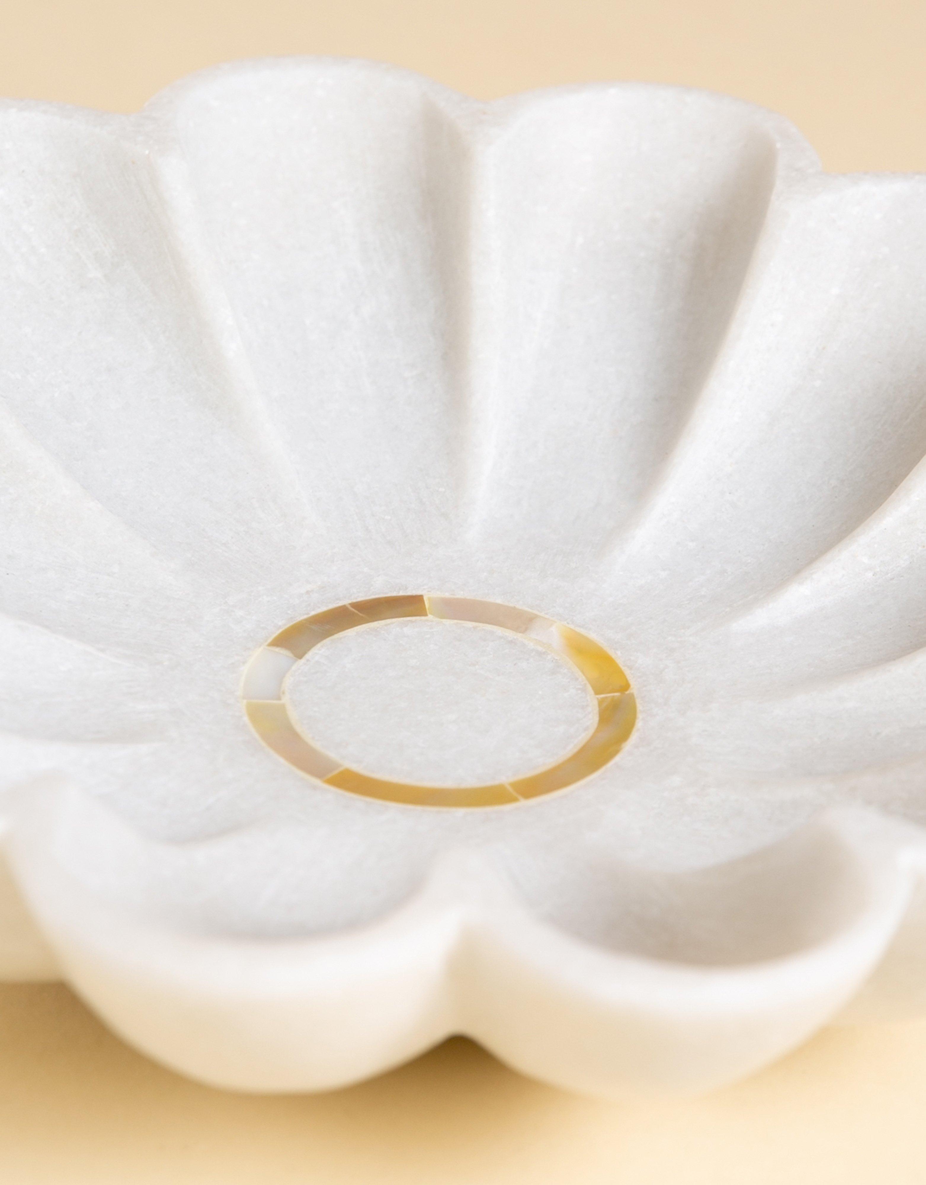 Floral Medium Marble Bowl with Mother of Pearl Detail Bowl -  Milk