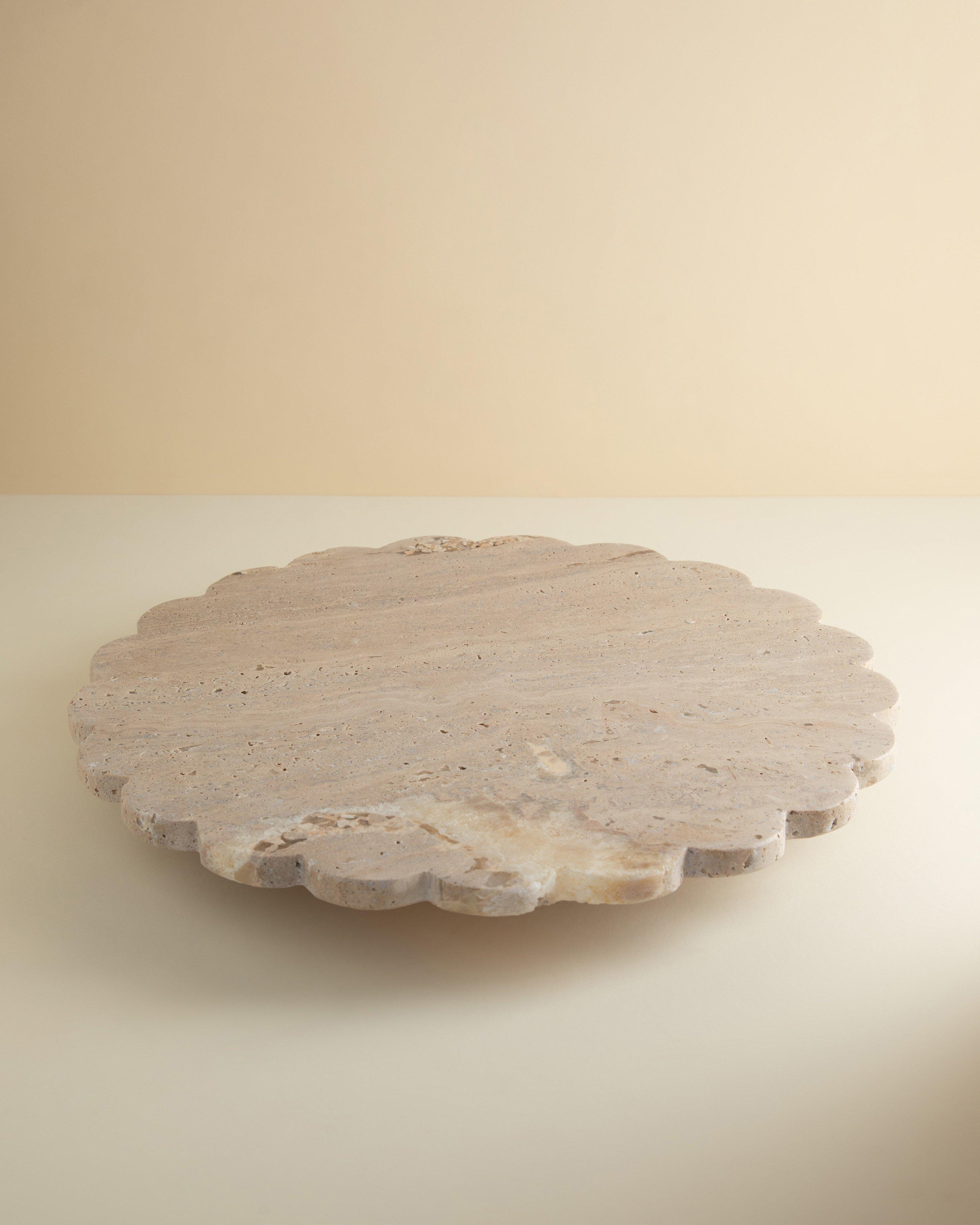 Round Scalloped Travertine Lazy Susan -  Taupe